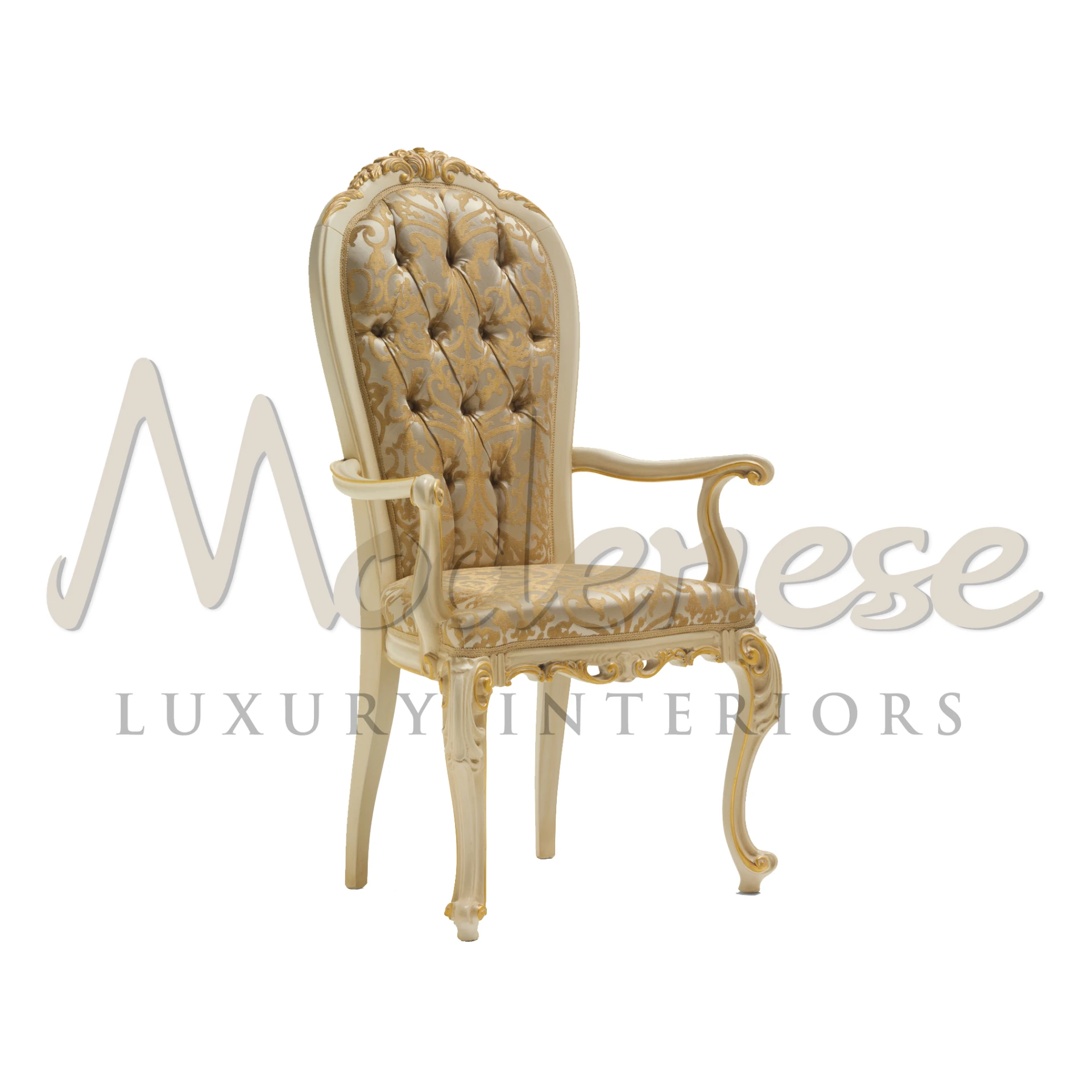 Luxurious Italian Upholstered chair with armrests with ivory finishing and golden leaf pattern.