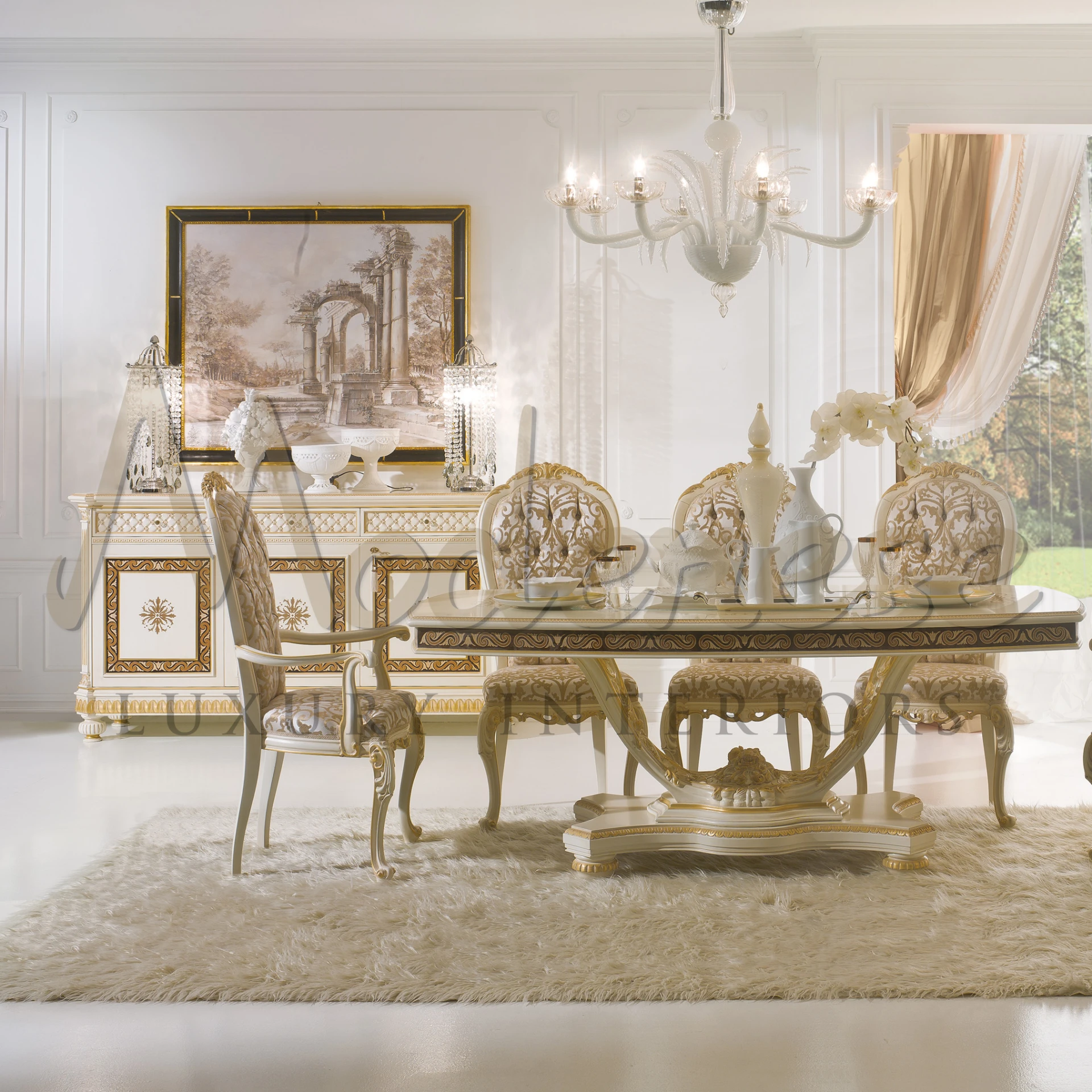 Luxury dining room with a glass table and golden design Italian upholstered chairs under a chandelier.
