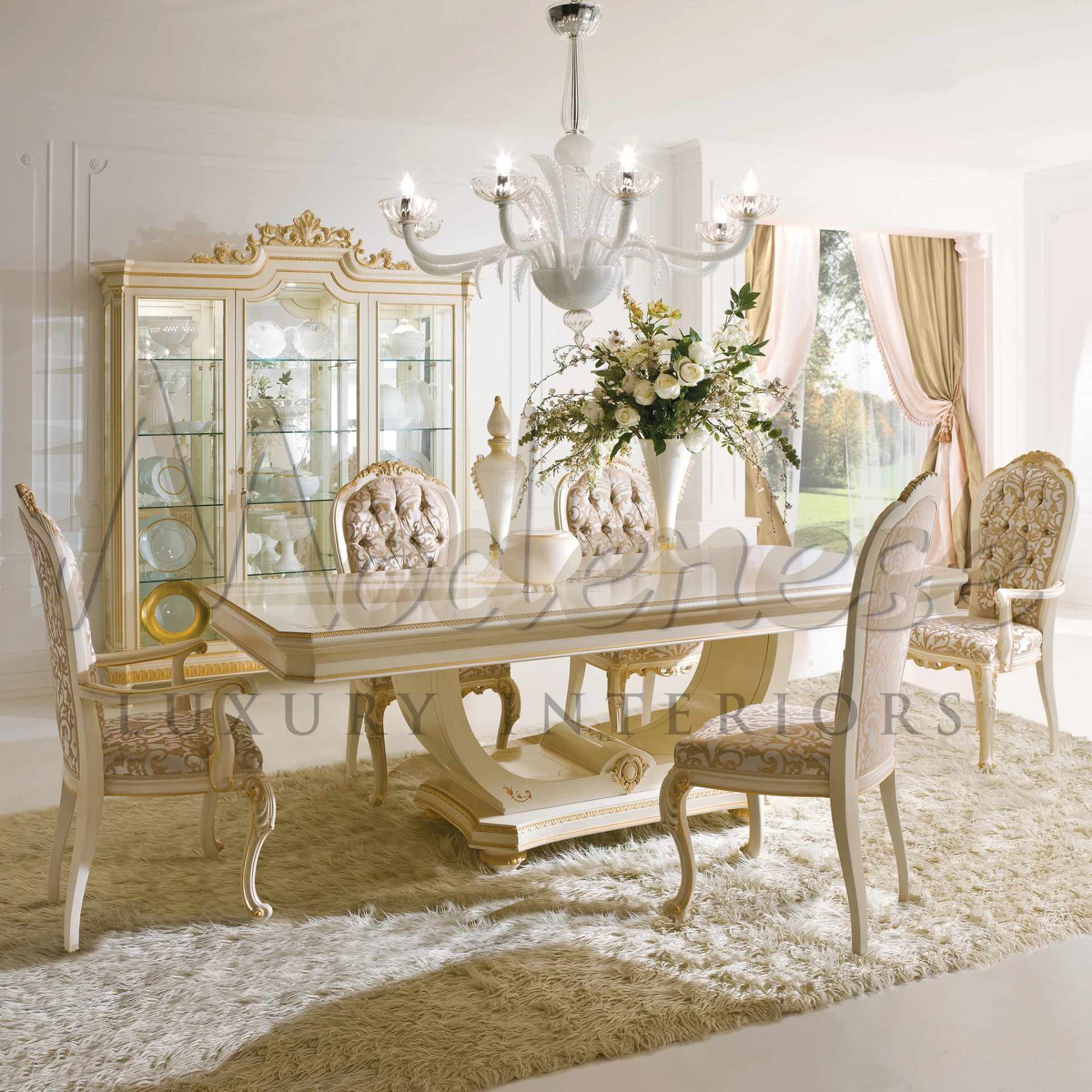 Stylish dining space with detailed furniture and strong natural light.