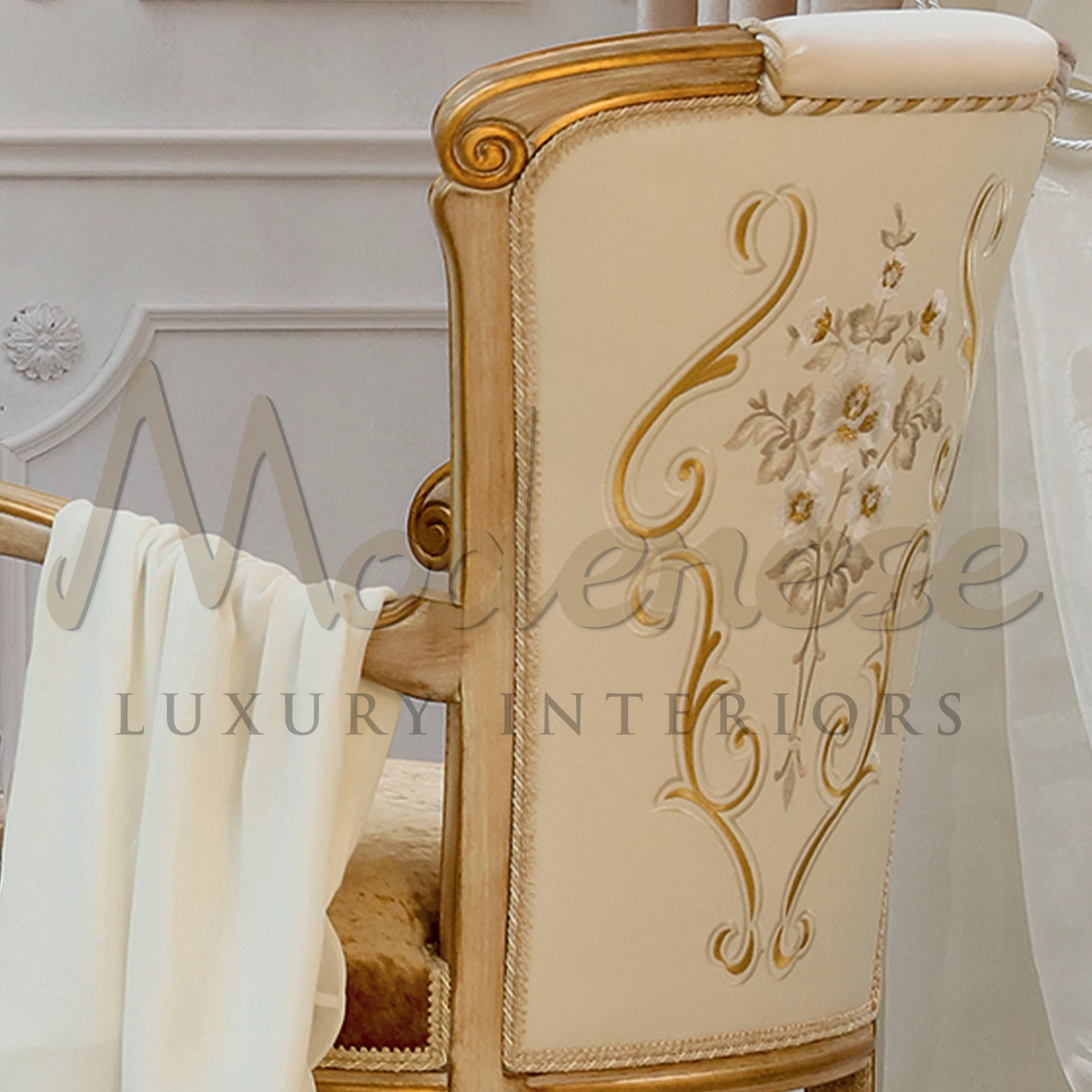A close up view of the Classic Italian hand carved chair with its unique golden floral design.