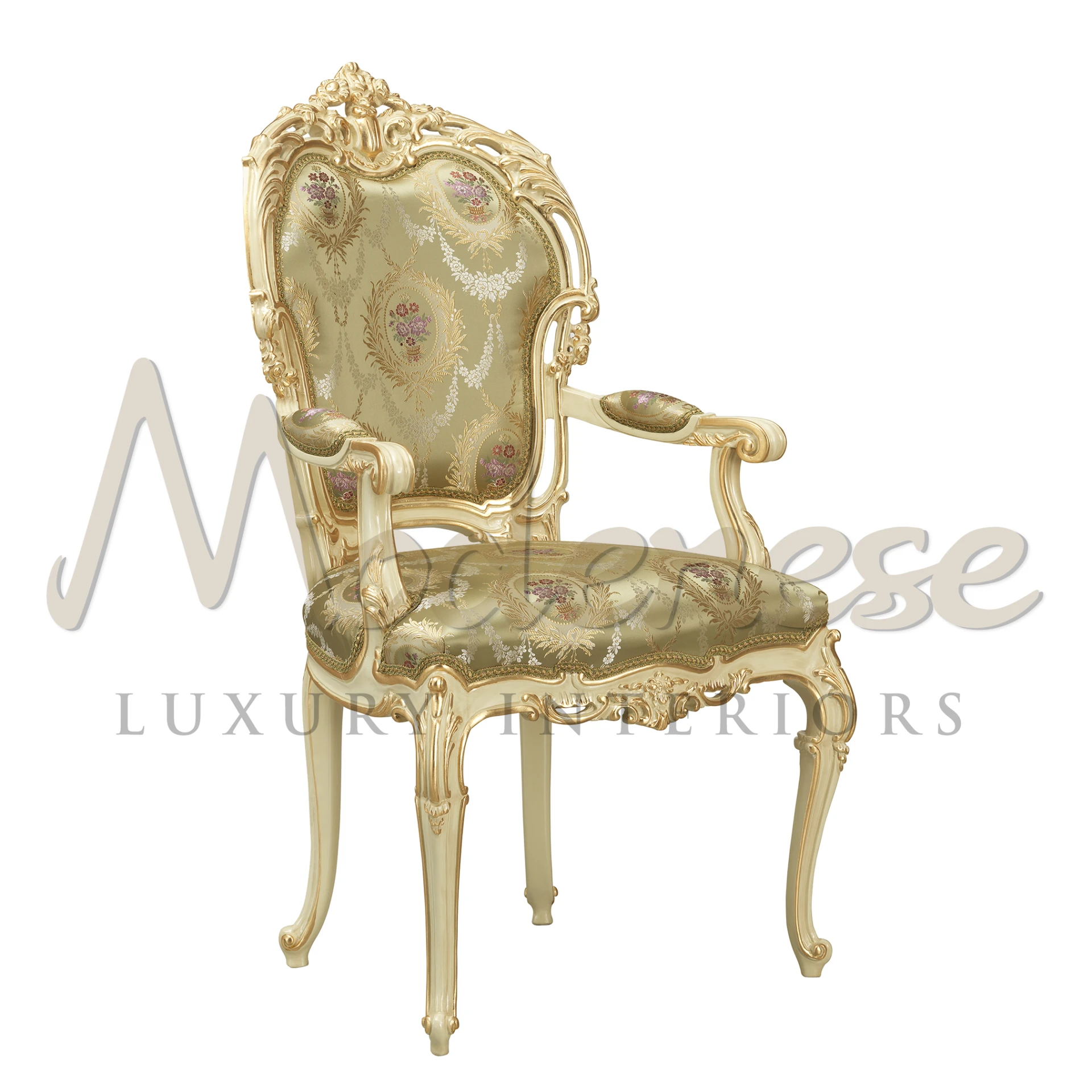 Luxurious Italian chair with fancy armrests and richly embroidered fabric in gold accents
