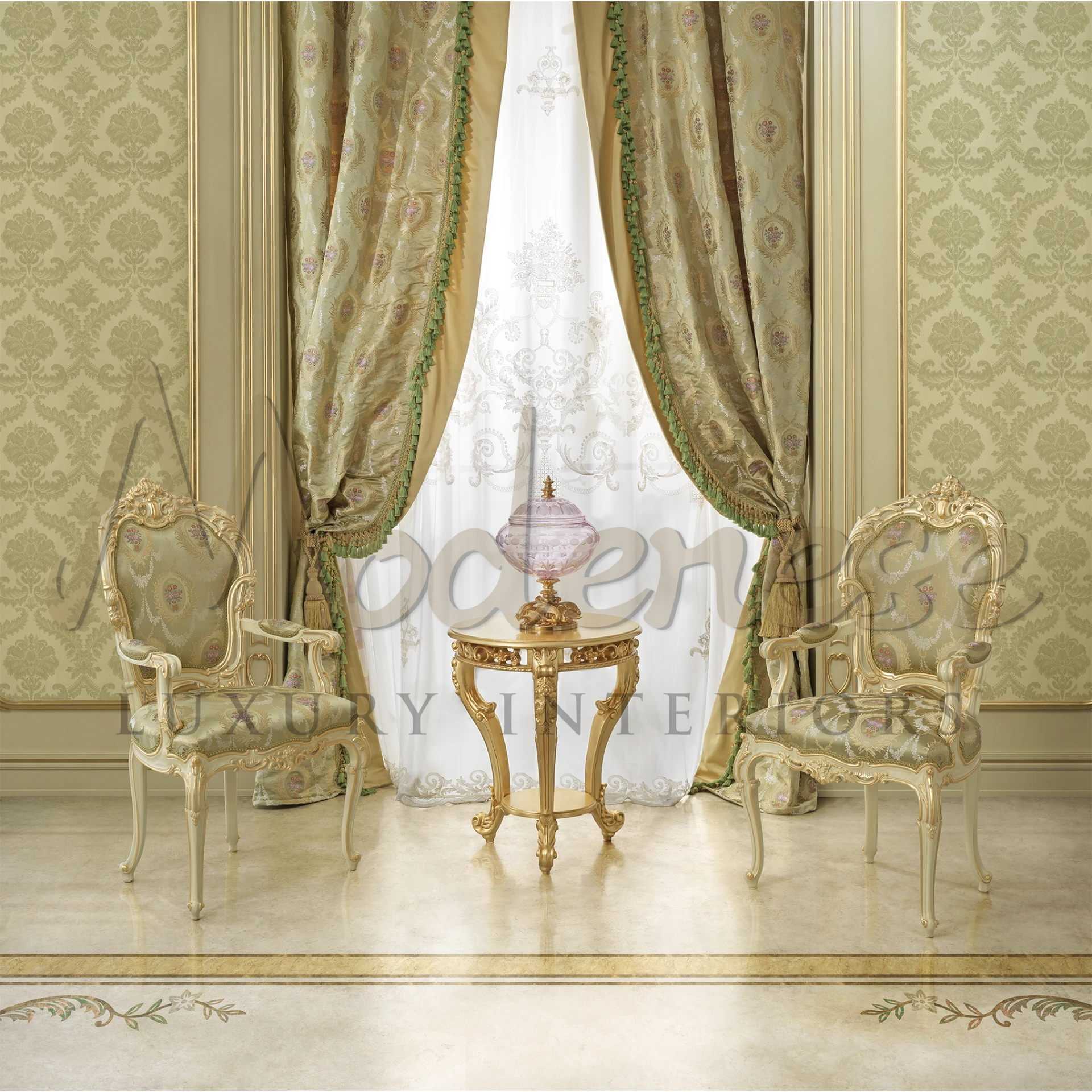 Two stylish Italian chairs flanking a small table with a decorative vase against fancy drapery and wallpaper.