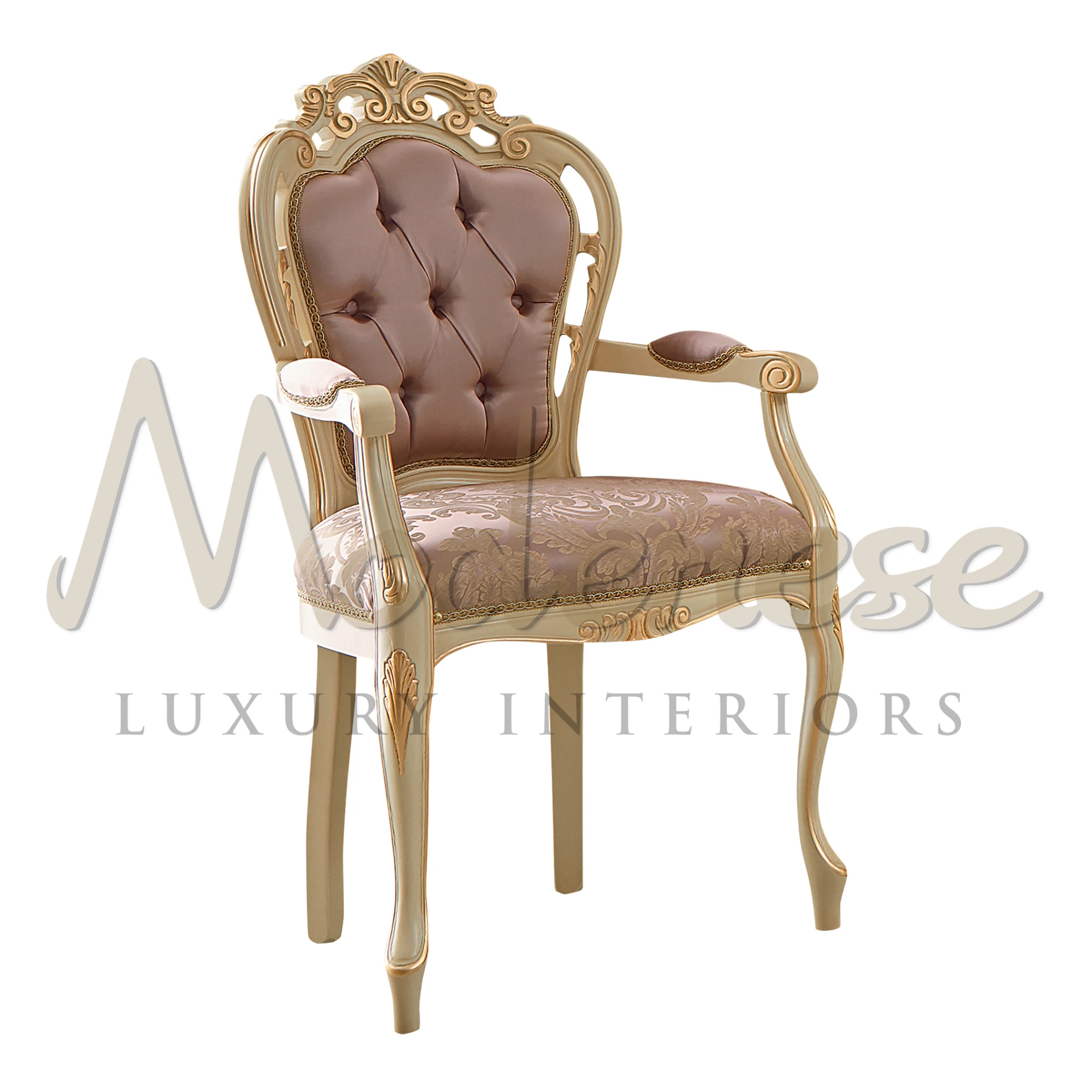Stylish hand-made Pink Fabric Chair with intricate gold detailing and armrests.
