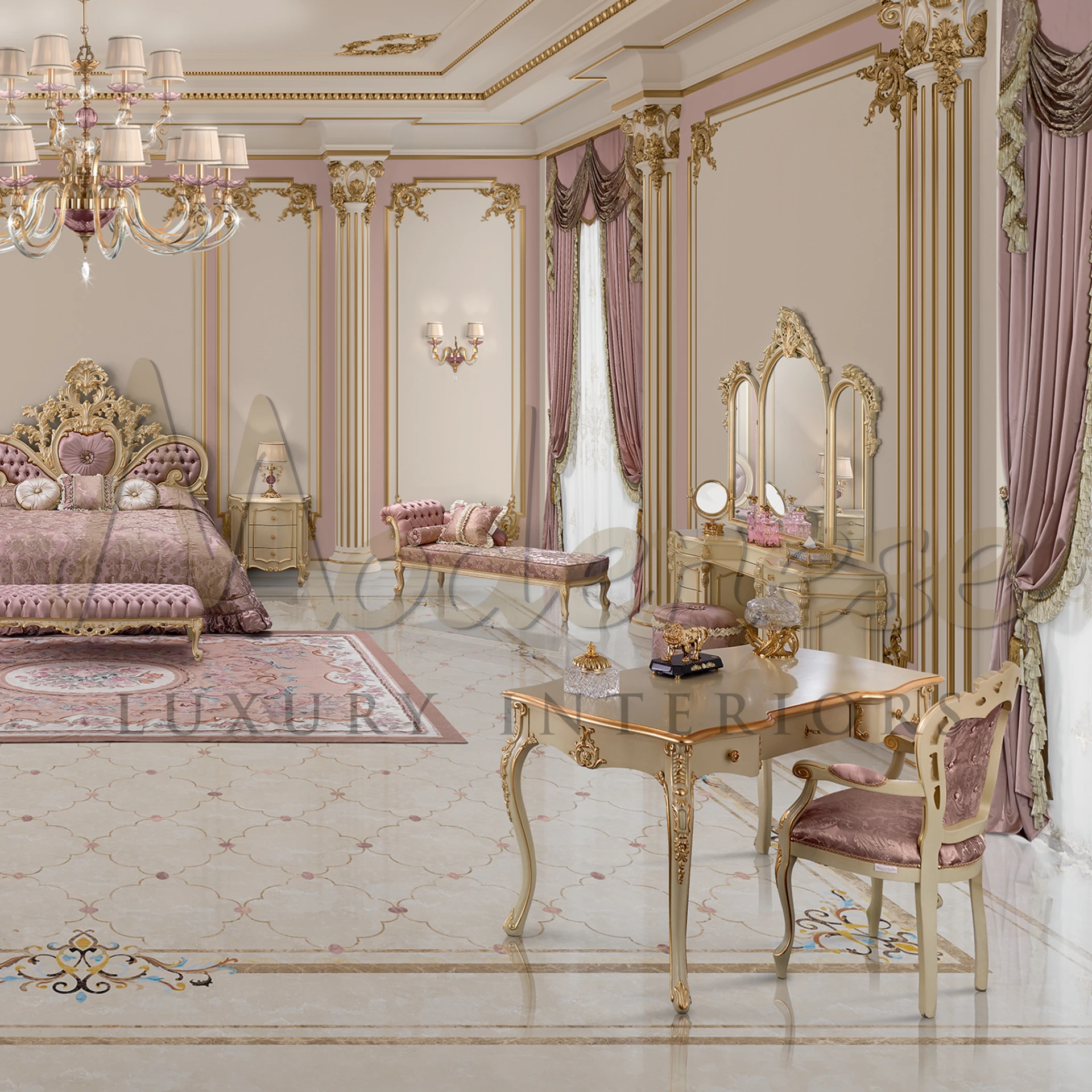 Luxurious Bedroom with detailed, ornate design featuring a fancy bed, luxury furniture, and sophisticated lighting.