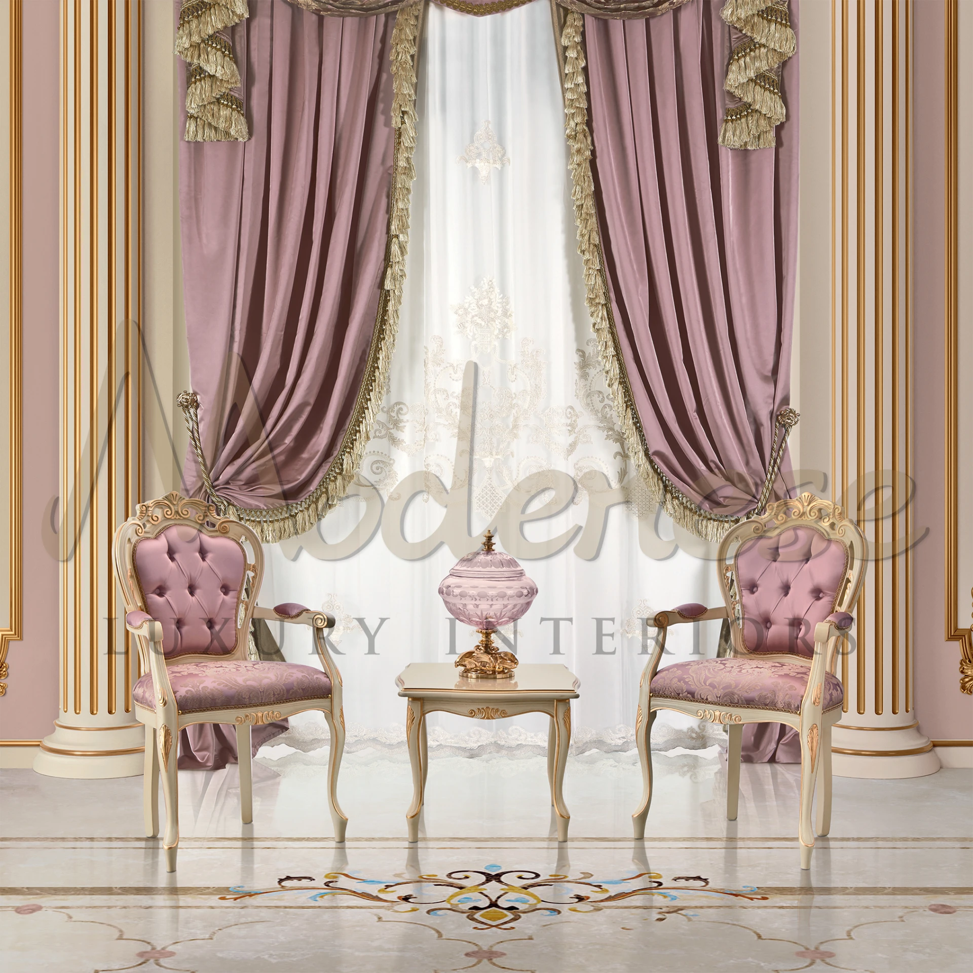 Two stylish Italian hand made pink chairs flanking a small table with a decorative vase against fancy pink drapery and wallpaper.