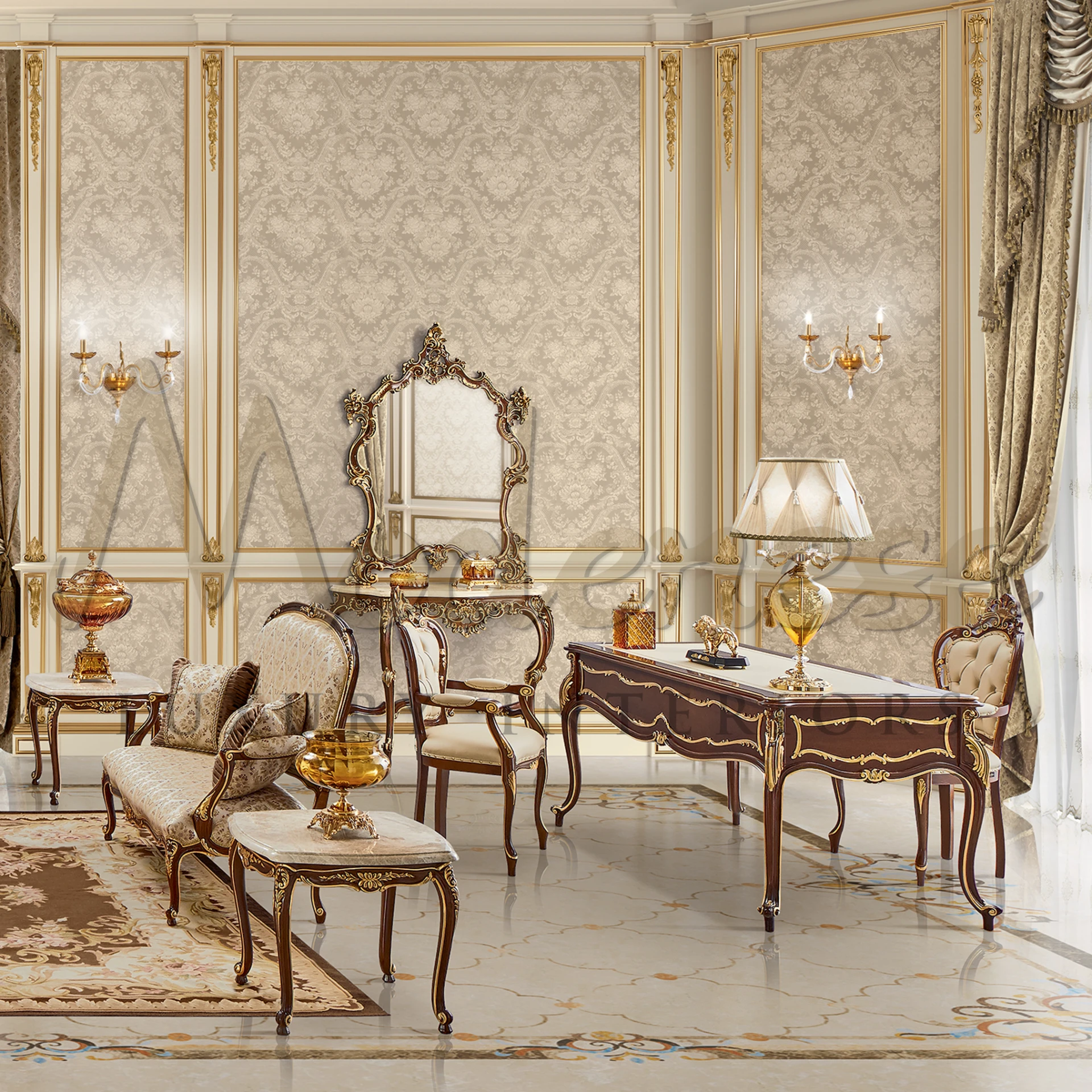 Classic Italian Interior Design showcasing a vintage table, chairs, and decorative items in a grand setting.