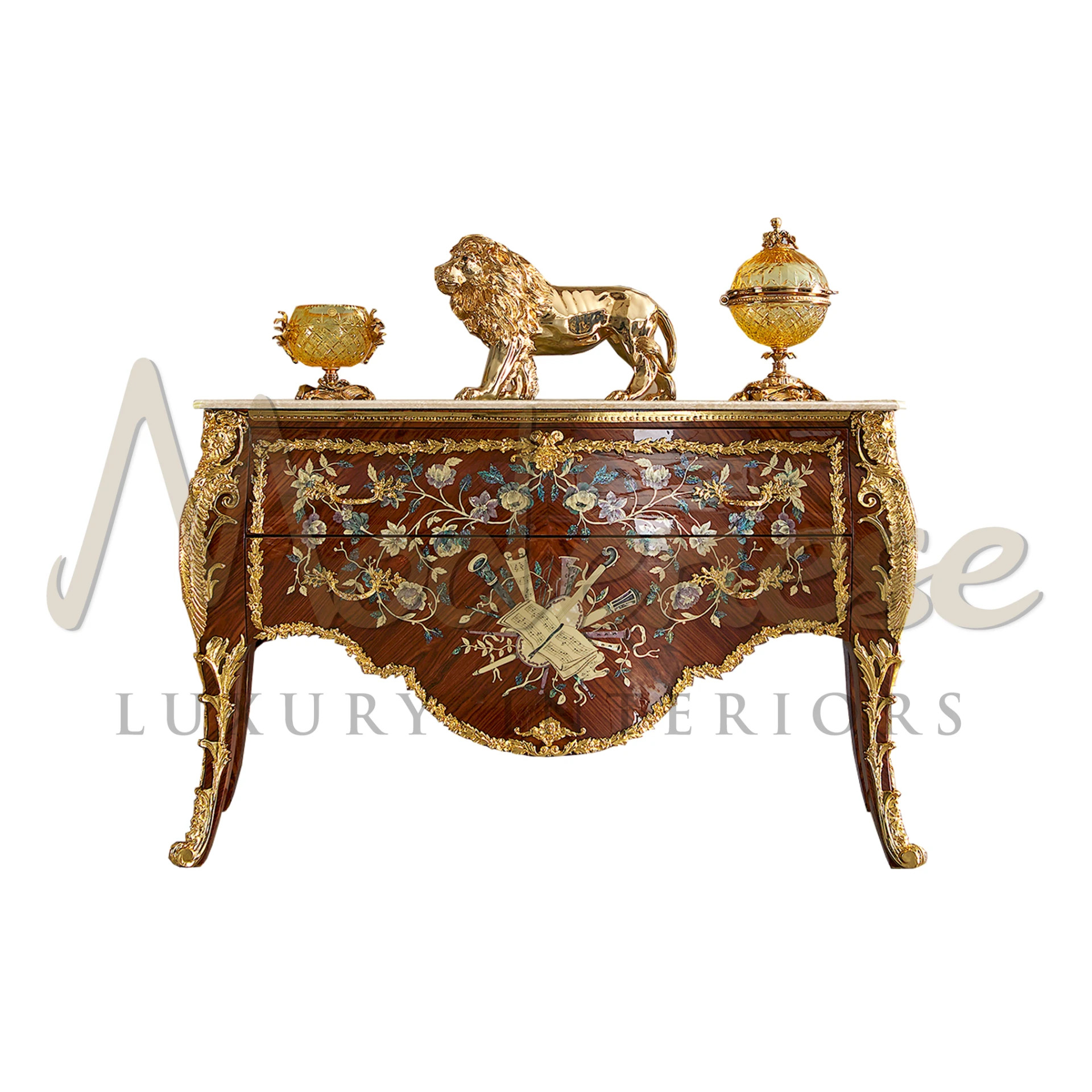 Luxurious handcrafted bespoke high-end sideboard featuring rich floral design and golden lion ornament.