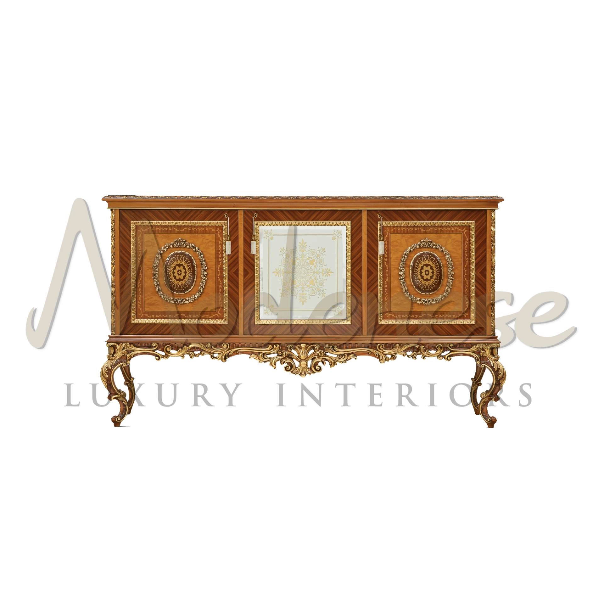 Baroque style three doors sideboard with complex golden carvings