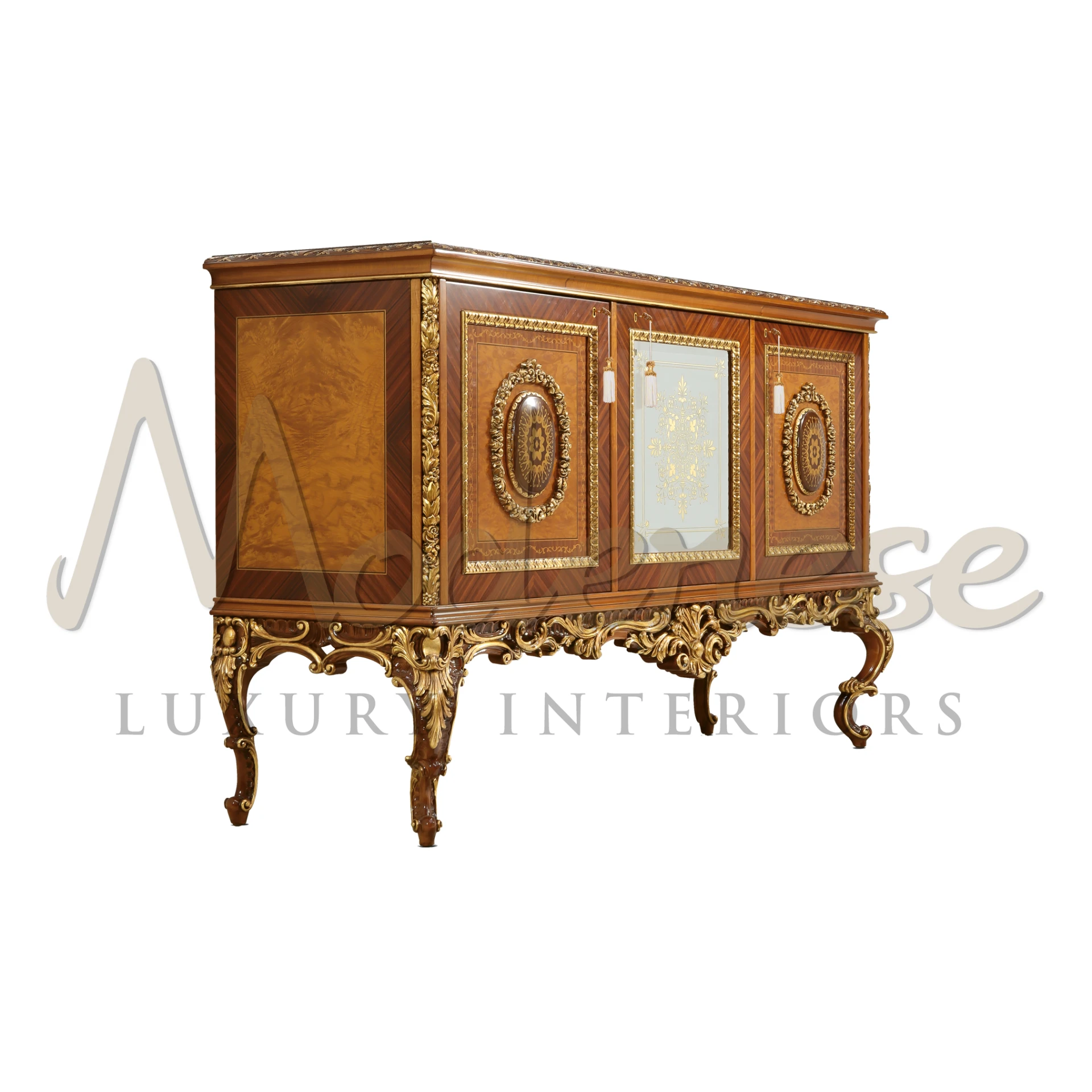 Side view of Baroque style three doors sideboard with golden complex carvings on its corners.