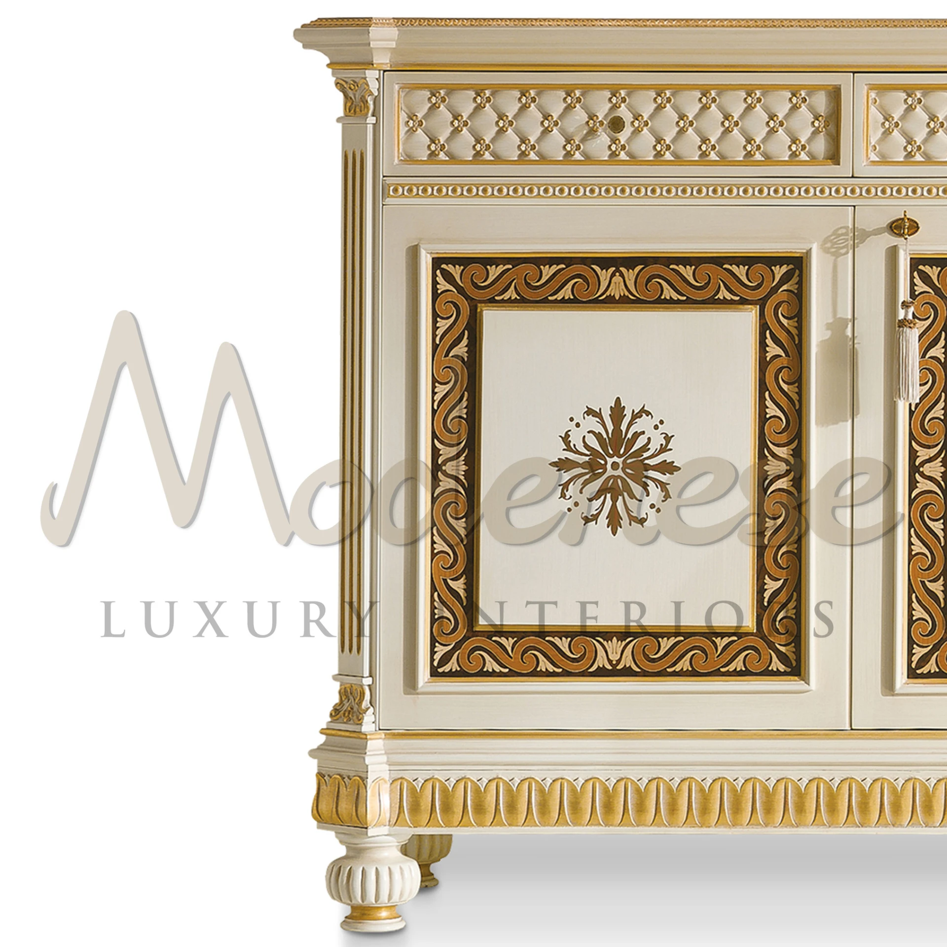 a close up view of luxurious Victorian 2-door sideboard in a rich golden color.