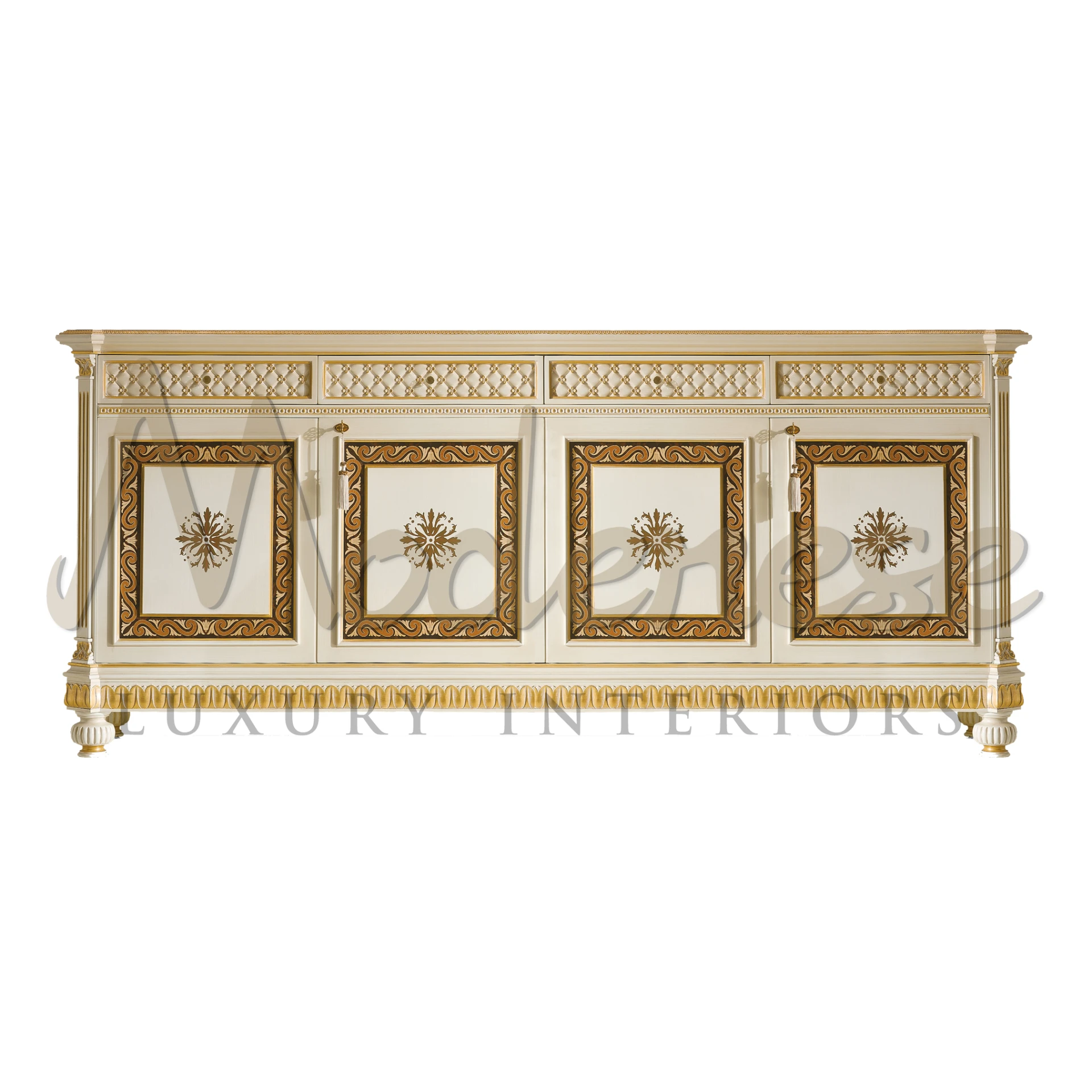 White and Gold Imperial Luxury 4-Door Sideboard with Marble Top and Drawers.