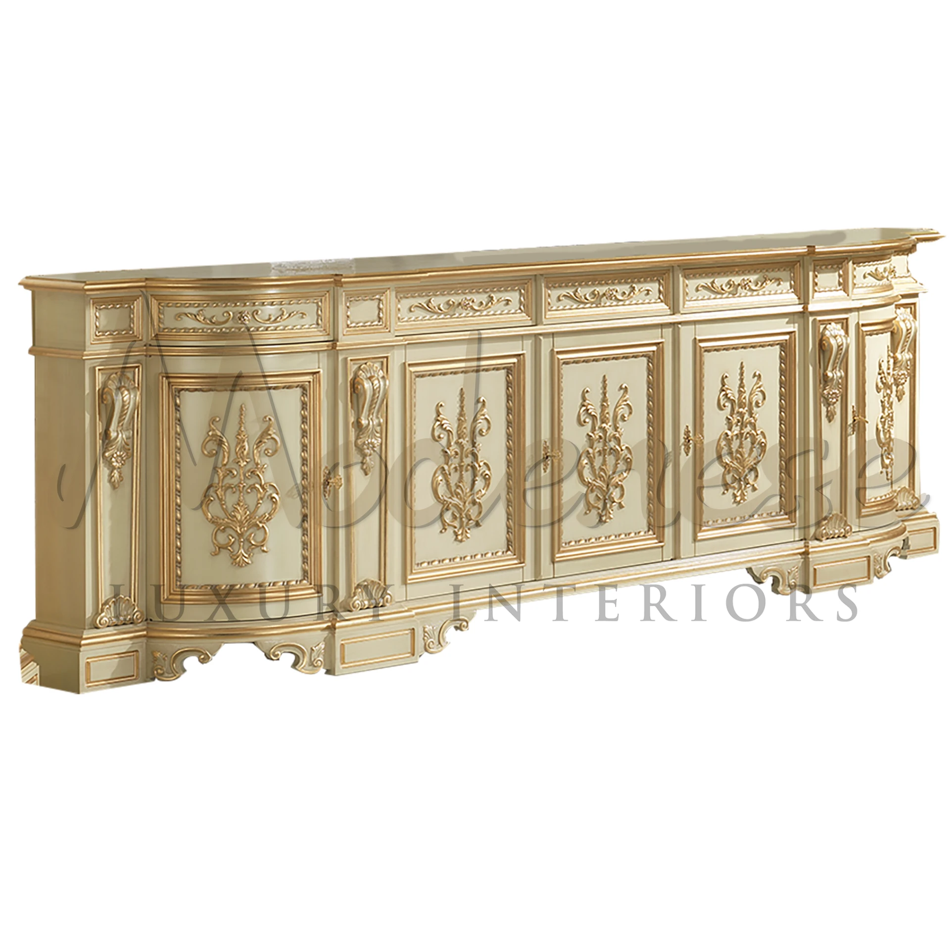 Lovely Imperial Carved Wood Sideboard with golden designs.