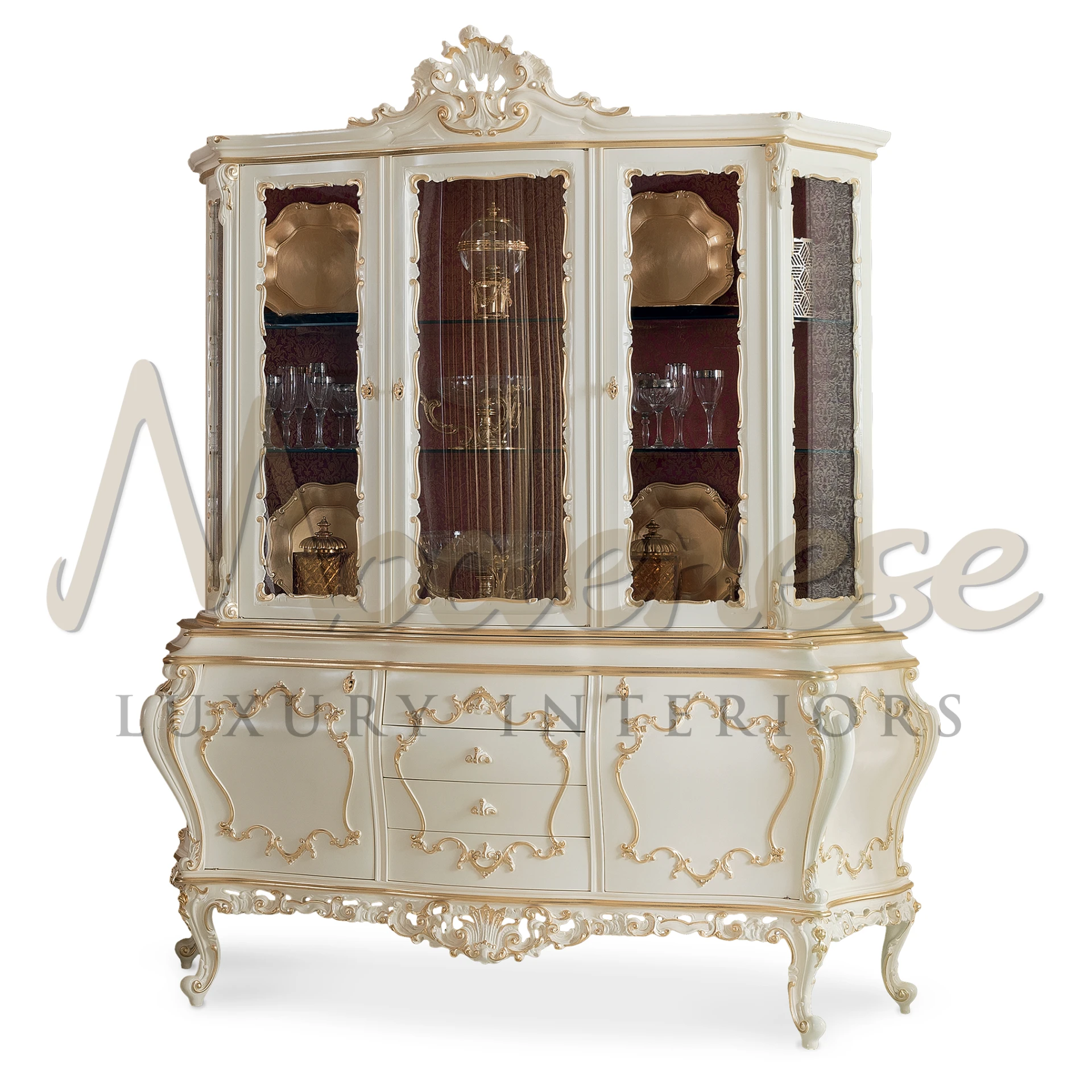Luxurious white 3-doors glass cabinet with fancy golden accents and visible shelving