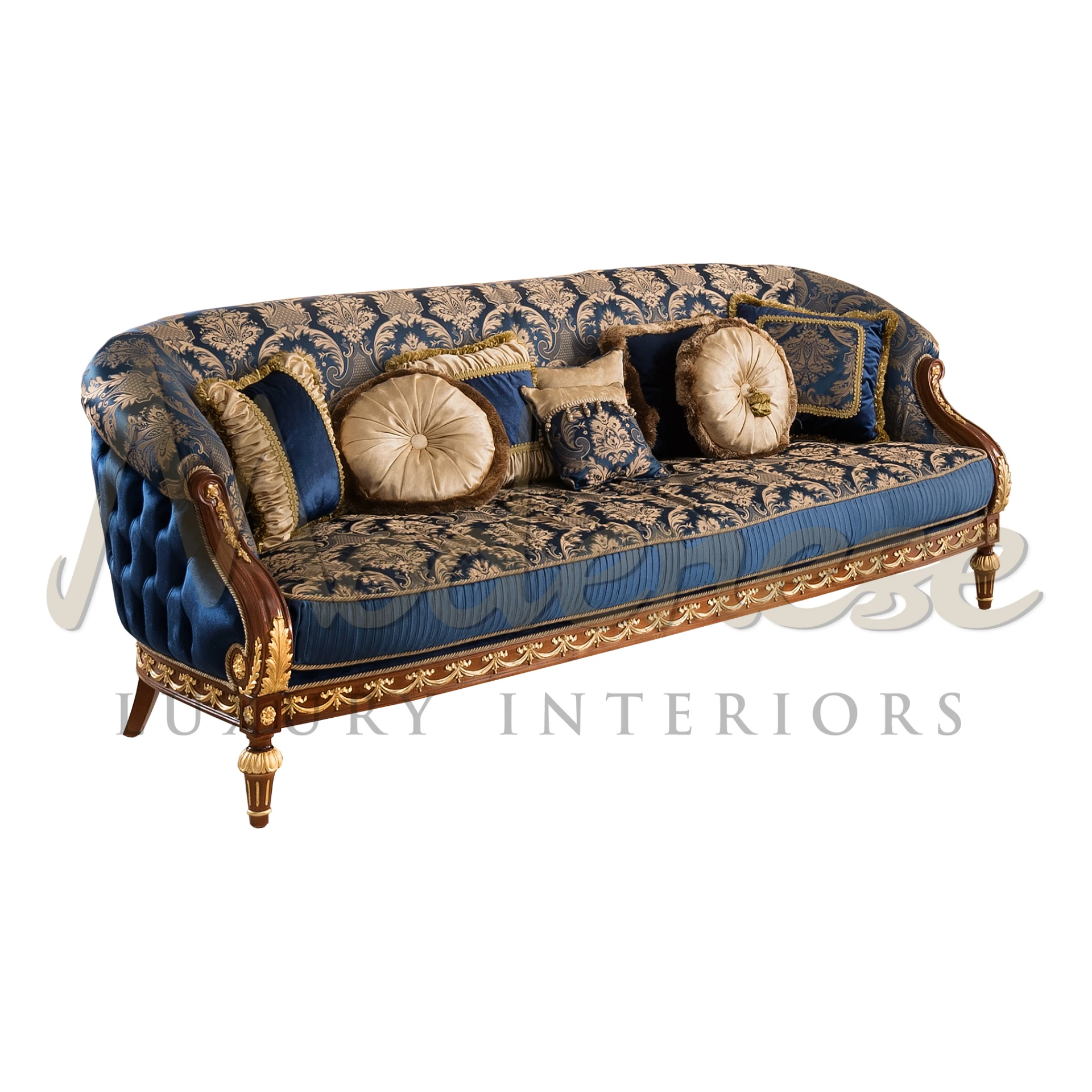A luxurious sofa from Modenese Luxury Furniture, featuring ornate carvings and plush upholstery. Ideal for upscale living spaces and luxury interiors.