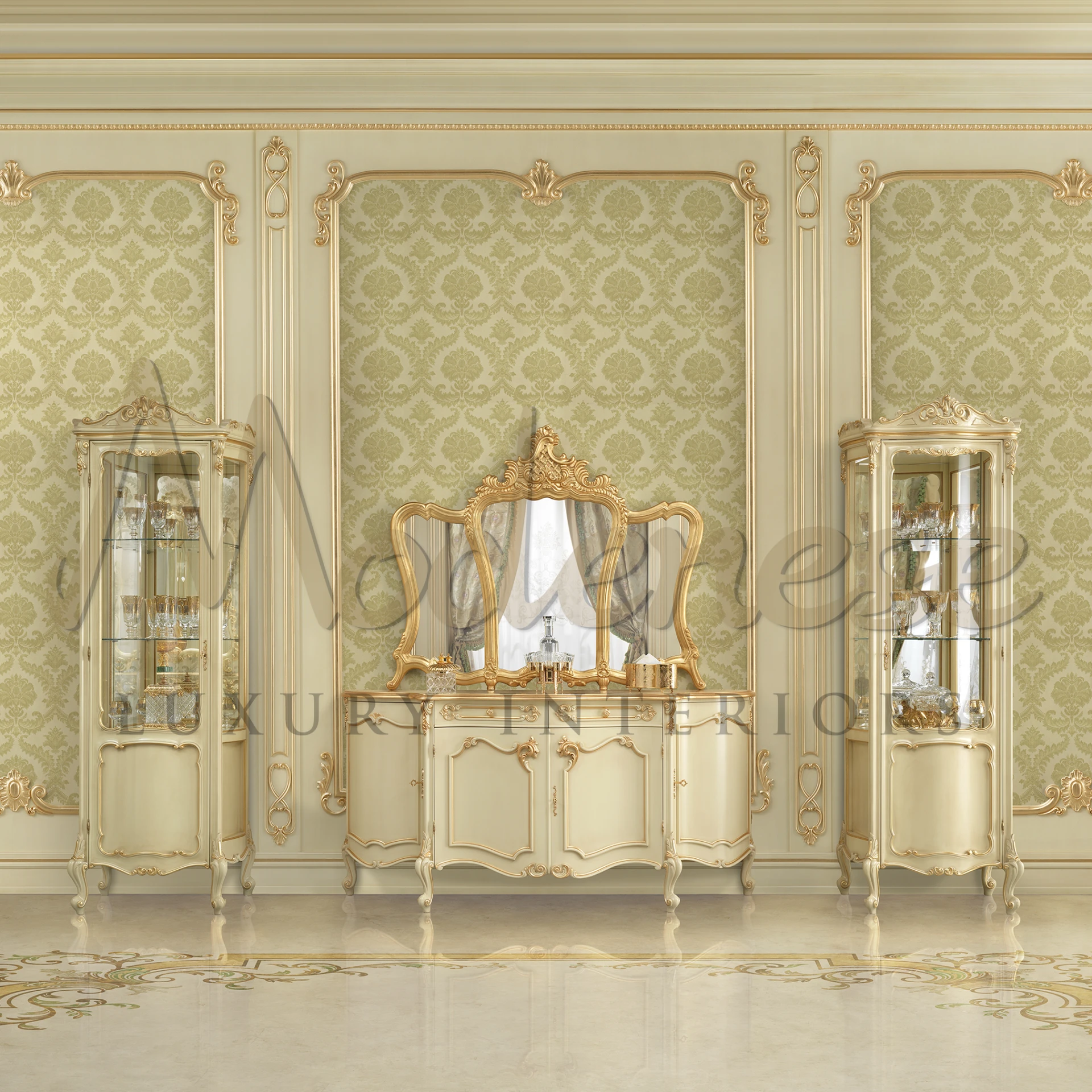 A fancy dressing table with a big mirror, sitting between two glass cabinets with gold details.