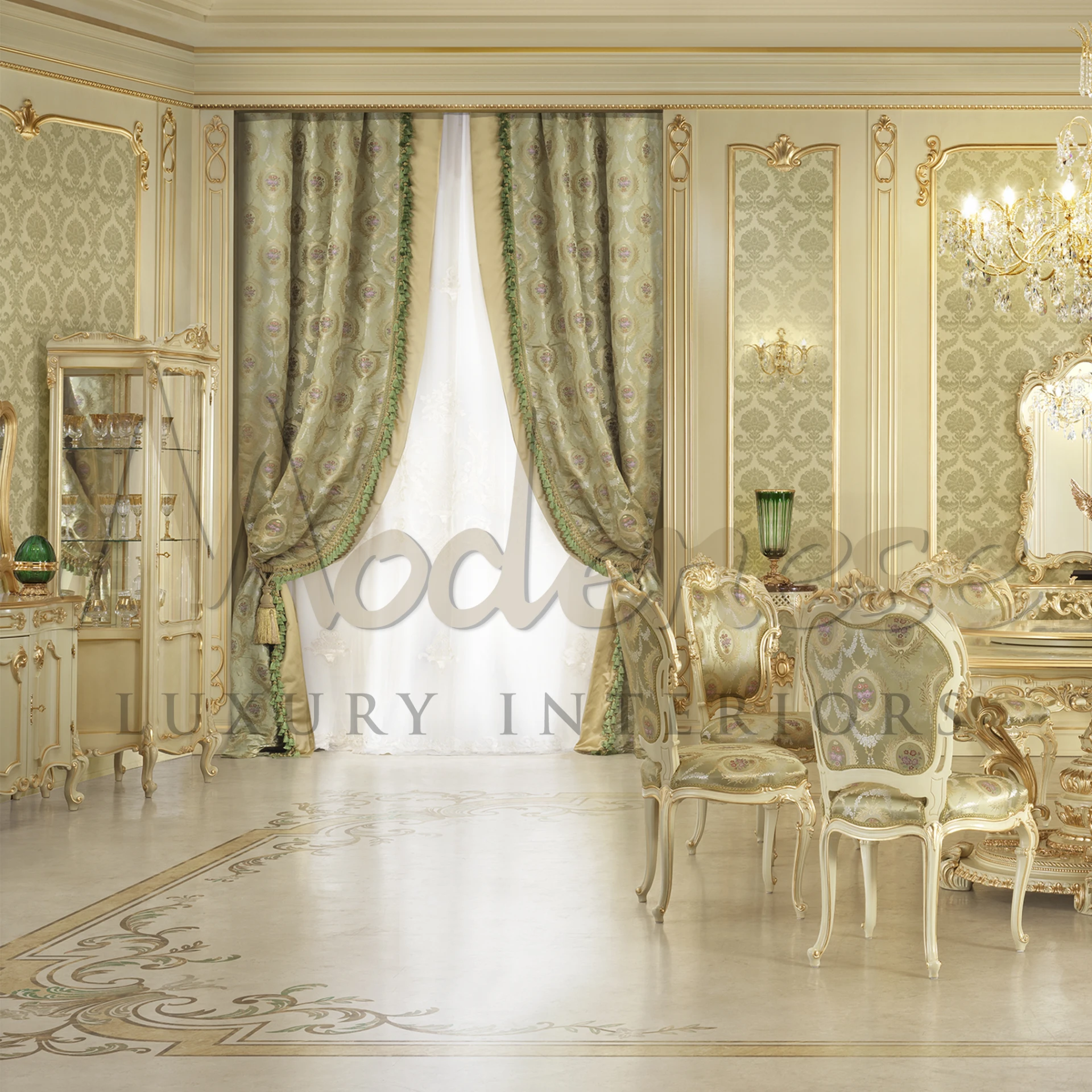 A luxurious room with green patterned curtains, a shiny glass cabinet, victorian style sideboard and fancy chairs with gold frames