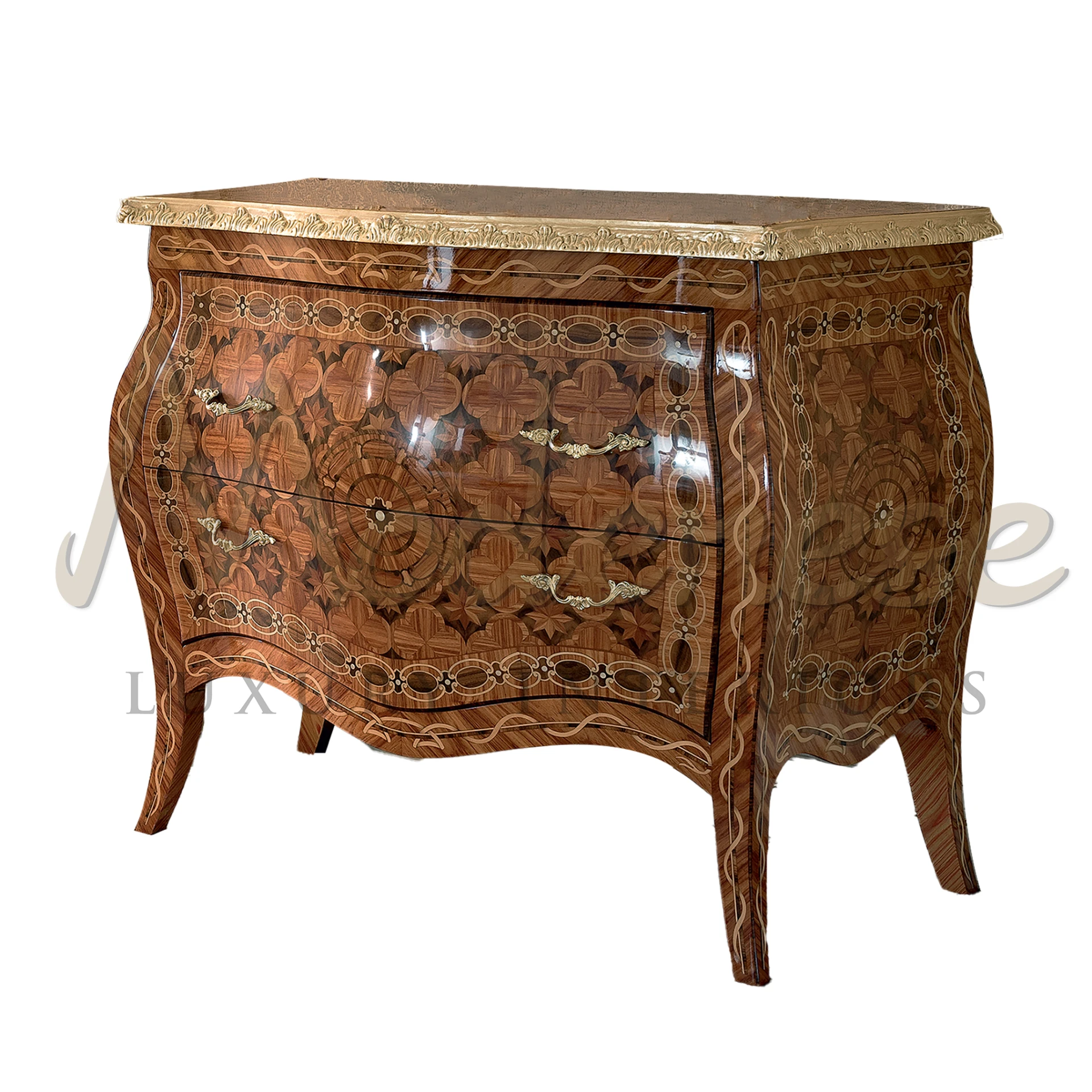 Luxurious Italian classical hand carved wood sideboard with golden design.
