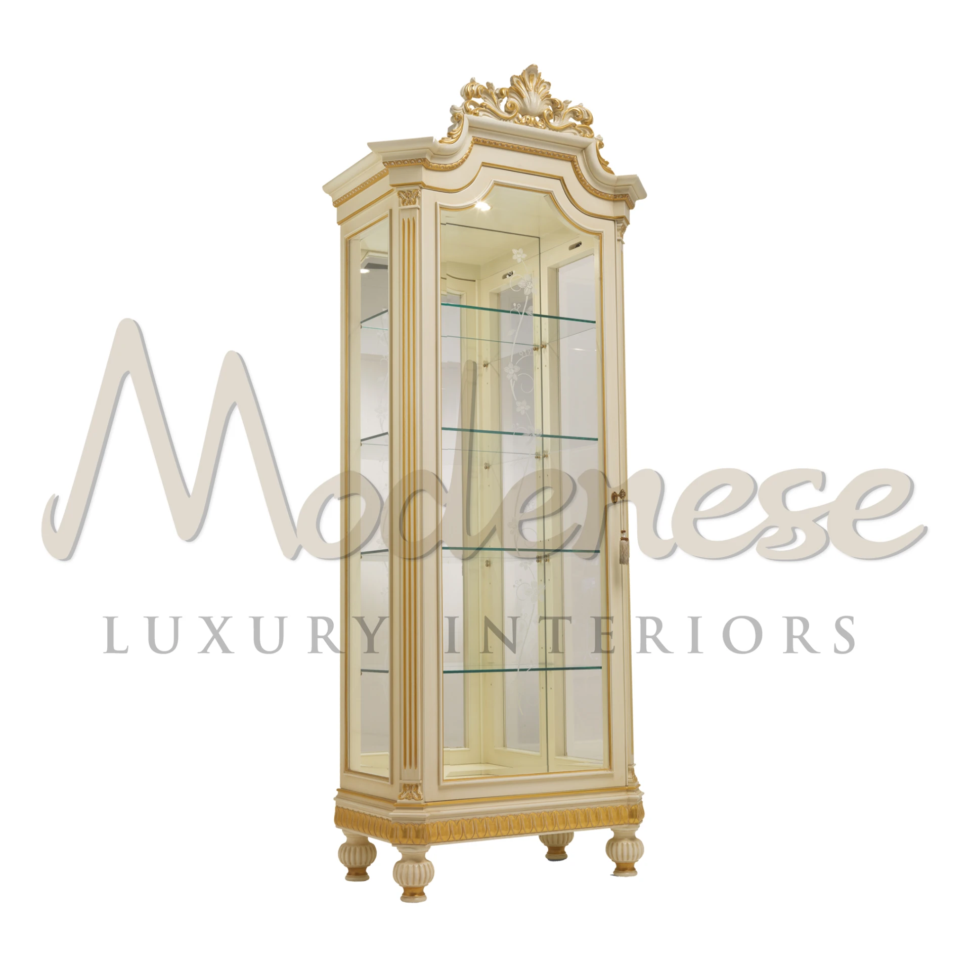 Luxurious ivory style one door cabinet featuring glass shelves and classic design.