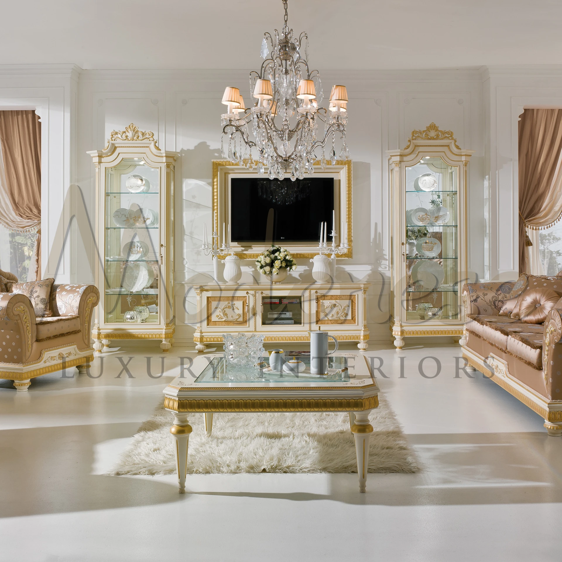 A lavish room that shows off fancy furniture with gold details and nice decorations