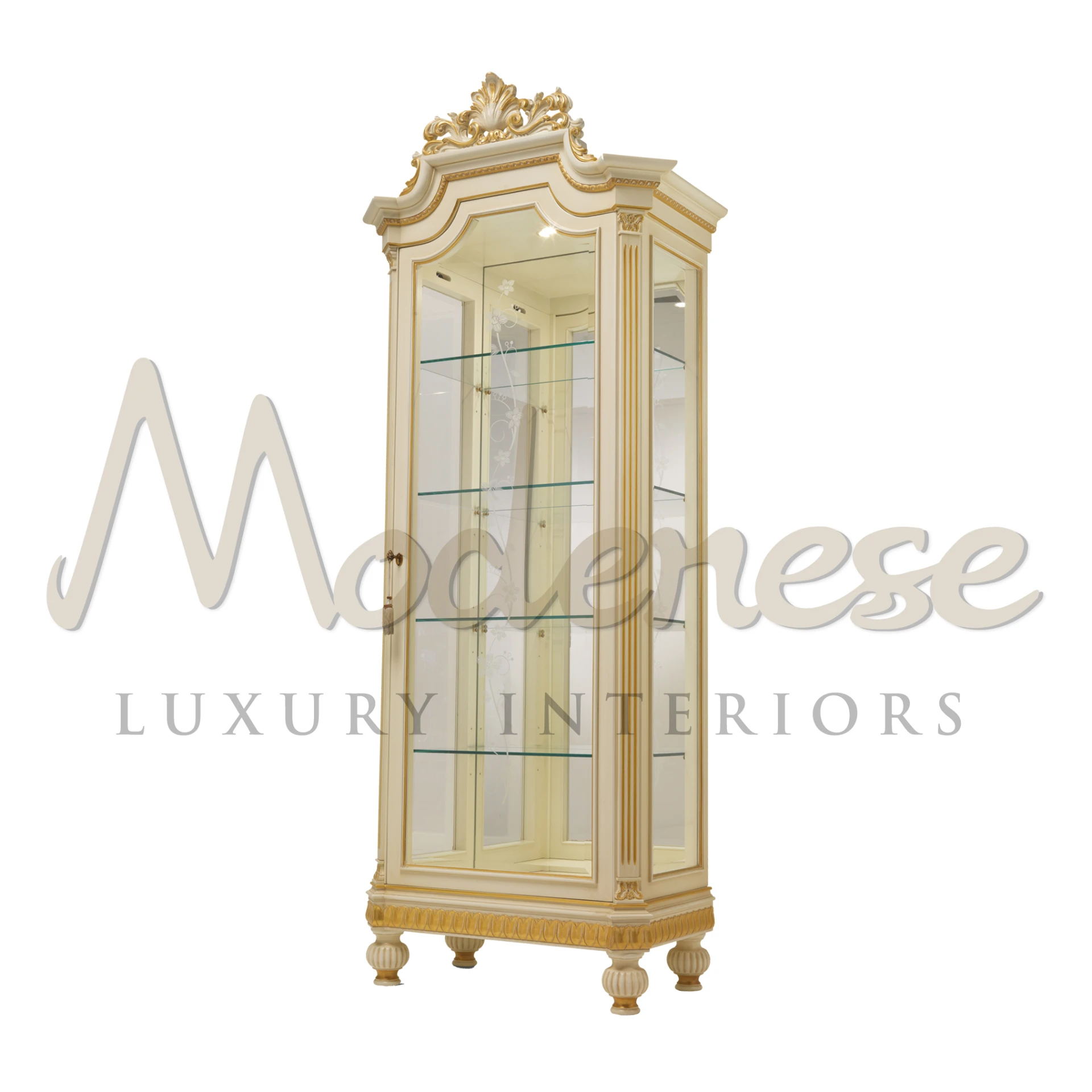 Stylish Empire one door glass vitrine with complex ivory and gold design