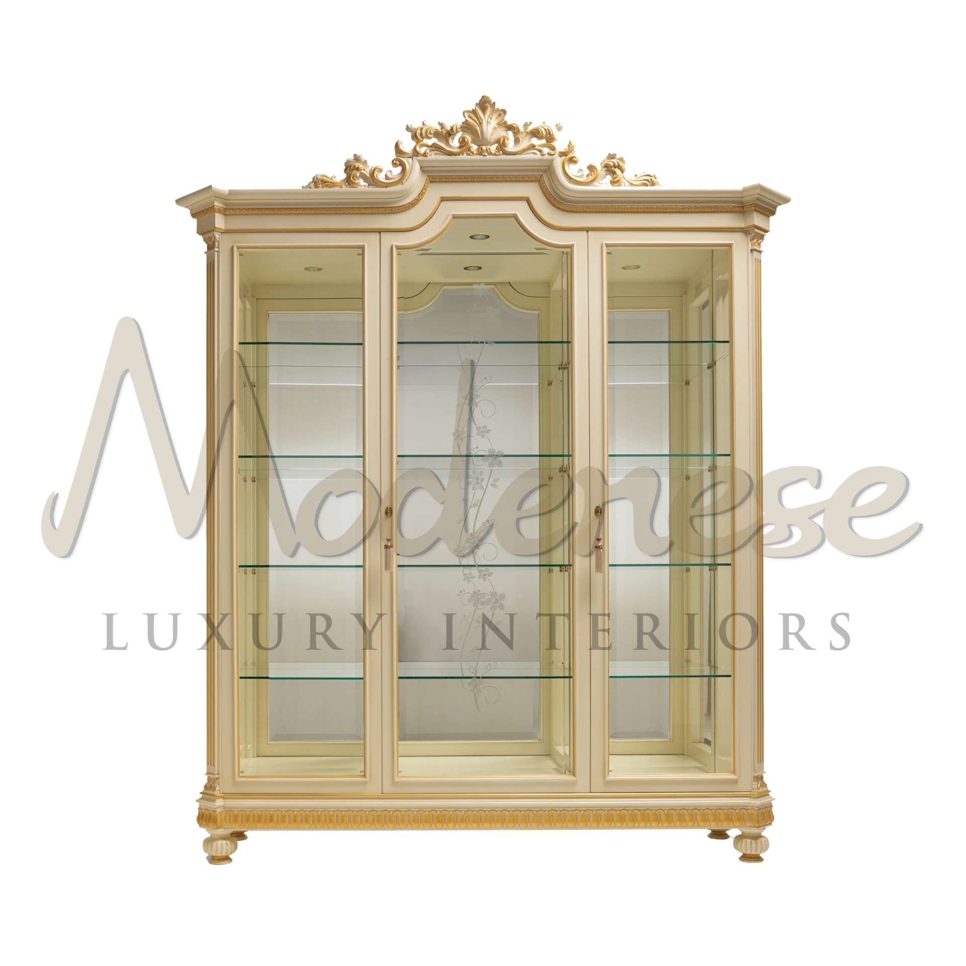 Italian designed luxury Ivory three doors cabinet featuring intricate design,
