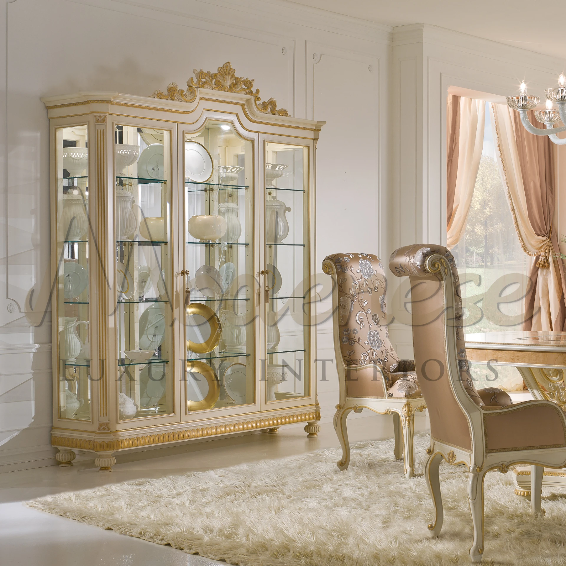 Fancy ivory three doors cabinet along the luxurious dining set and fluffy rug on the floor