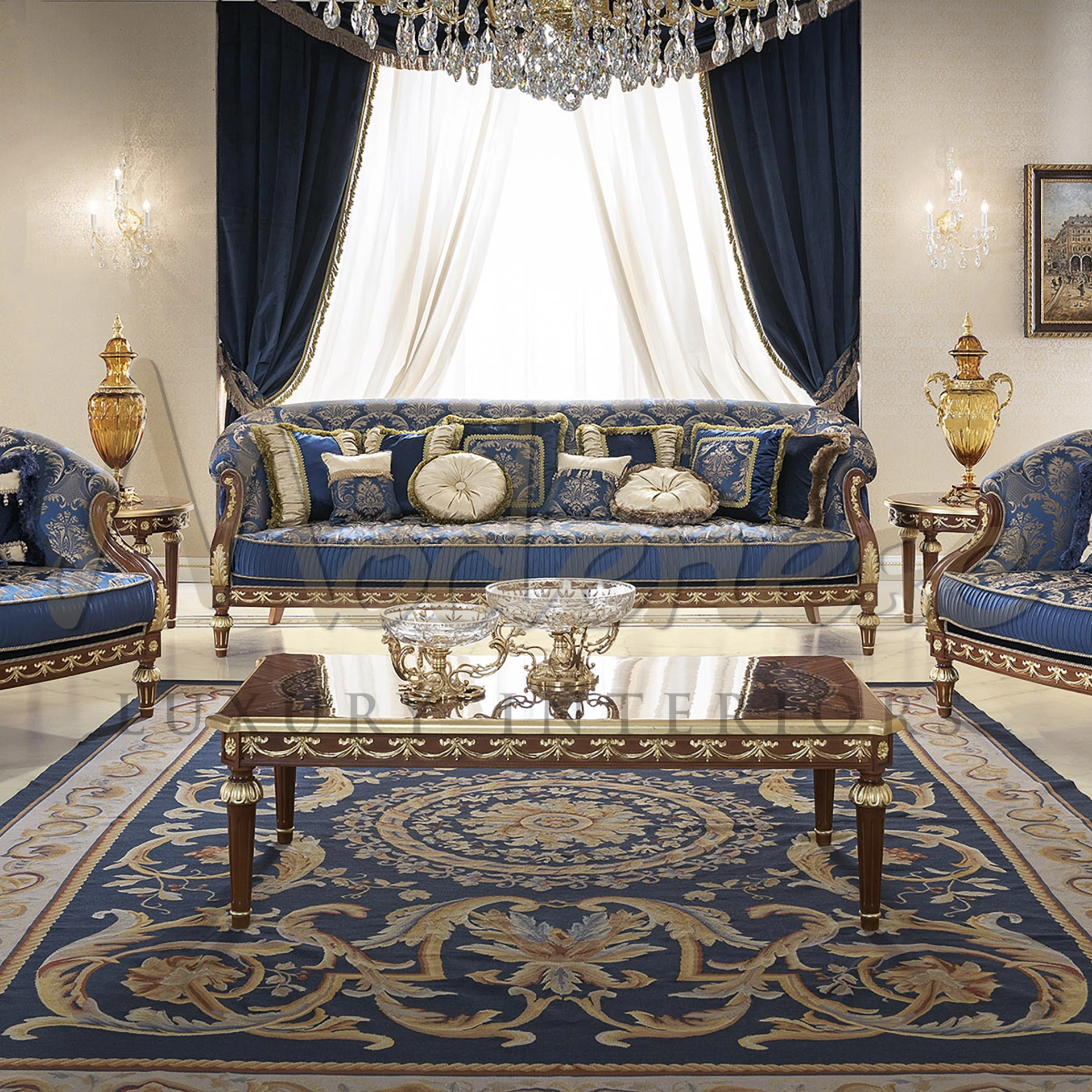 An opulent Royal Classic Sofa, boasting ornate carvings and sumptuous fabric, ideal for adding a touch of luxury to any living space.