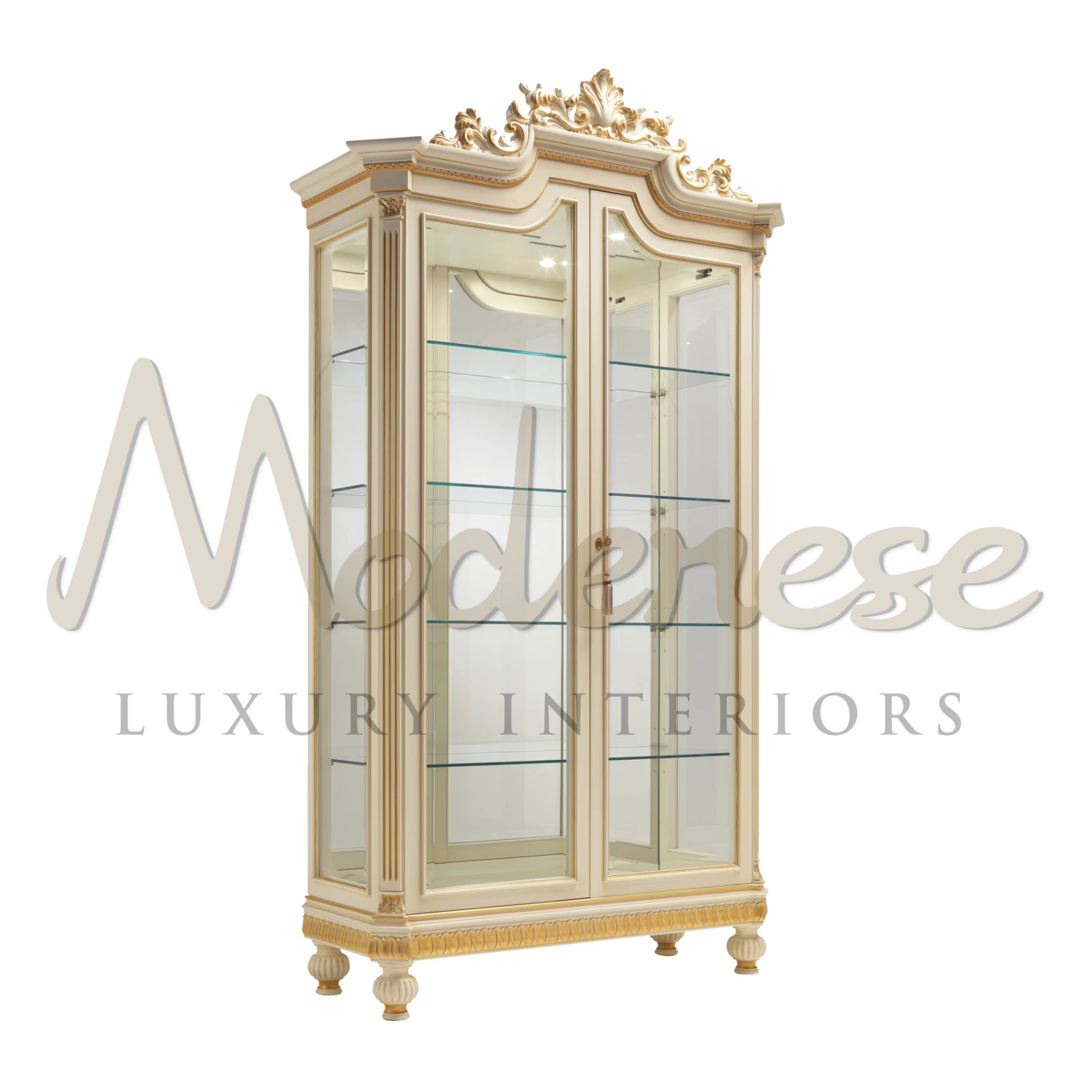 Fancy luxury wooden two doors cabinet with ornate gold detailing on top