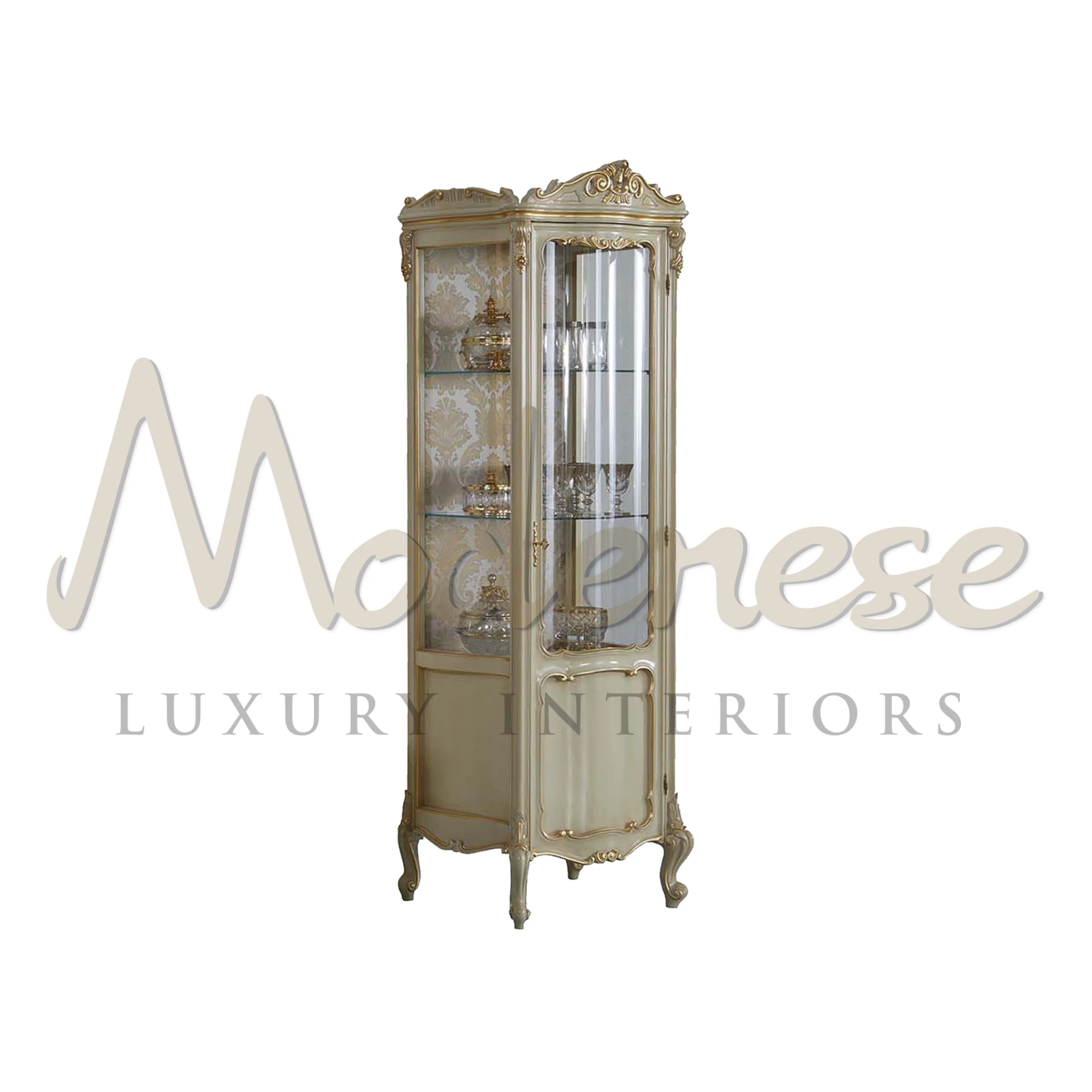A fancy Luxury Noble One Door Glass Cabinet with Ivory lacquered and gold leaf decoration.