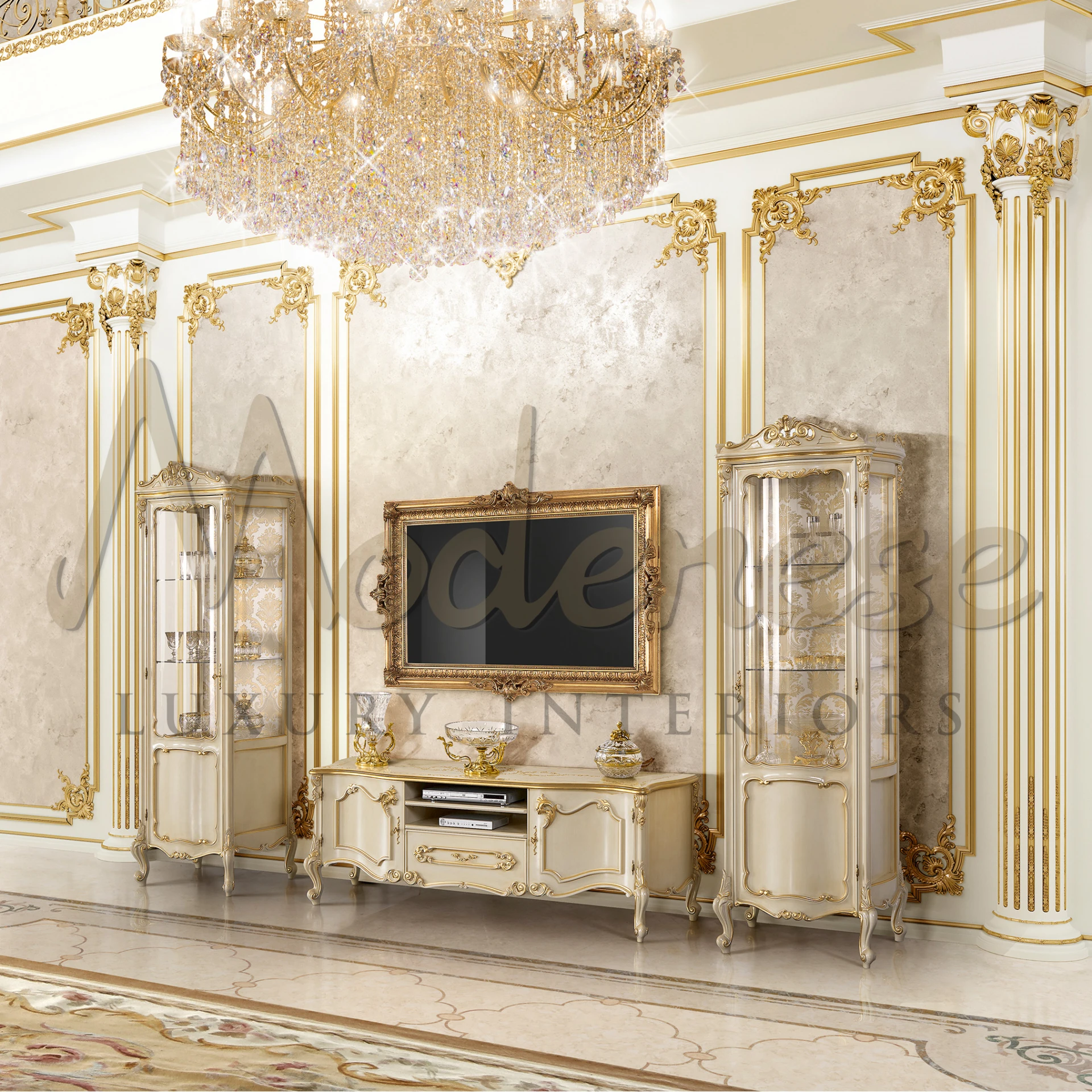 A luxurious room with cabinets and side table with golden details and a crystal chandelier.
