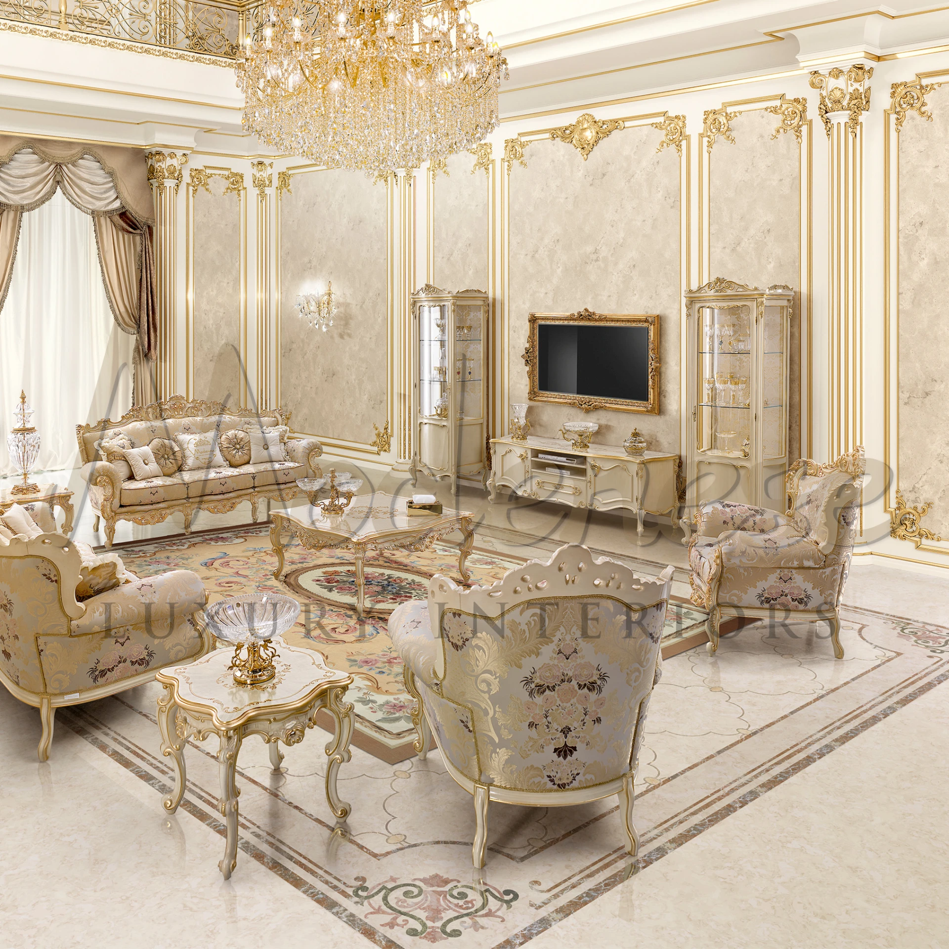 A big luxurious room with gold and white furniture, a fancy chandelier, cabinets and a TV in a golden frame on the wall.