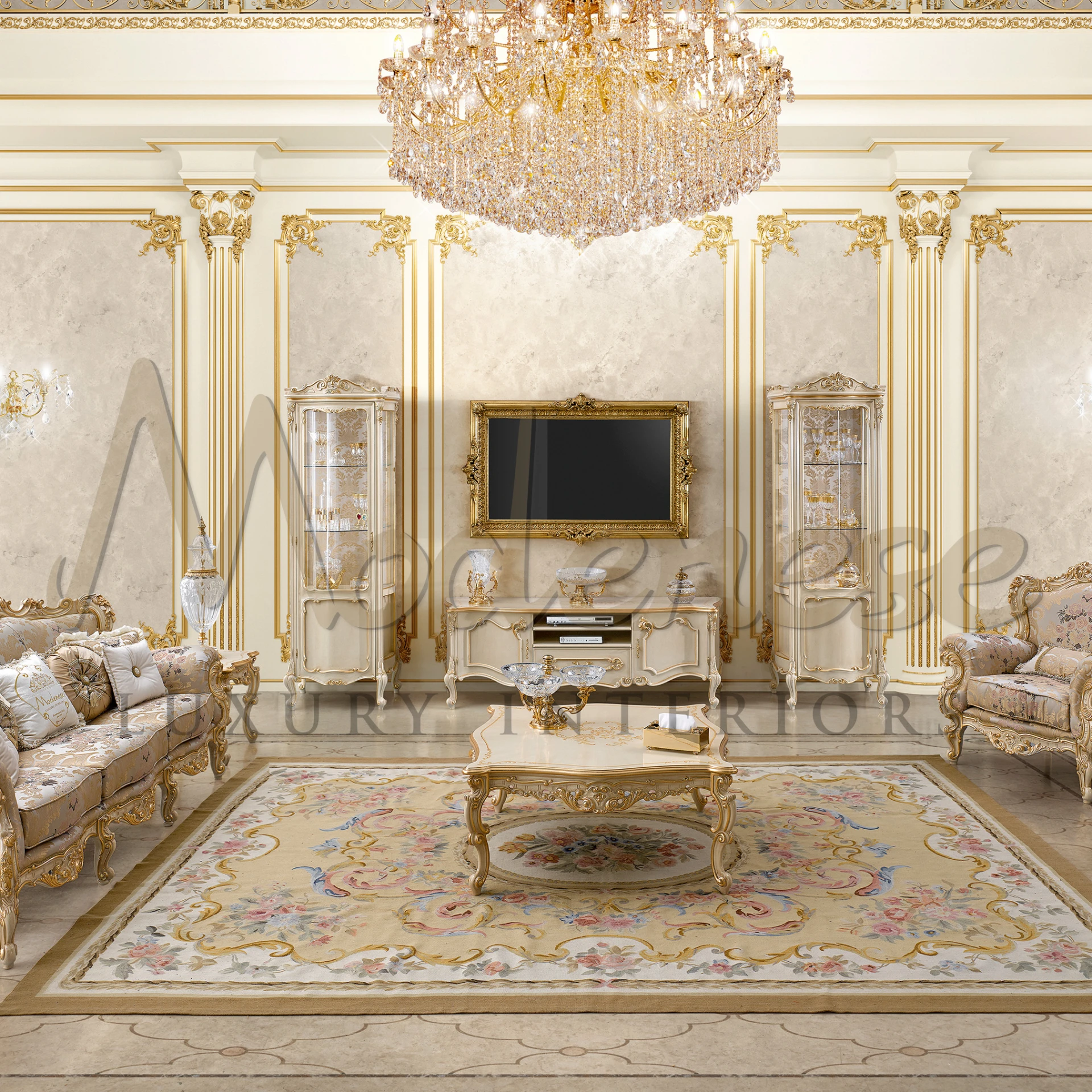 A fancy sitting room with crystal chandelier, fancy furniture, and a large decorative rug on the floor