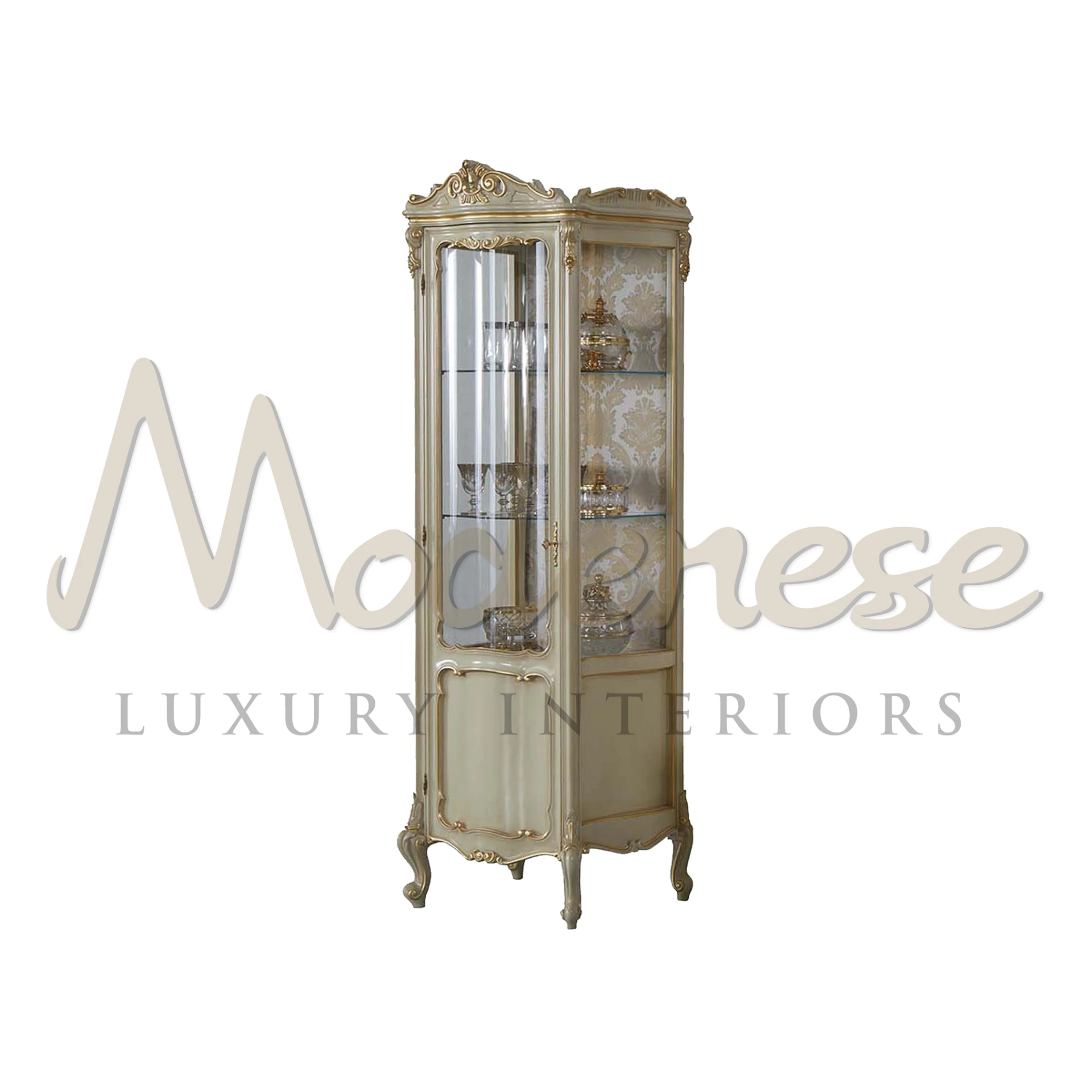 Luxurious Noble Style One Door Glass Cabinet with Ivory lacquered and gold leaf decoration.