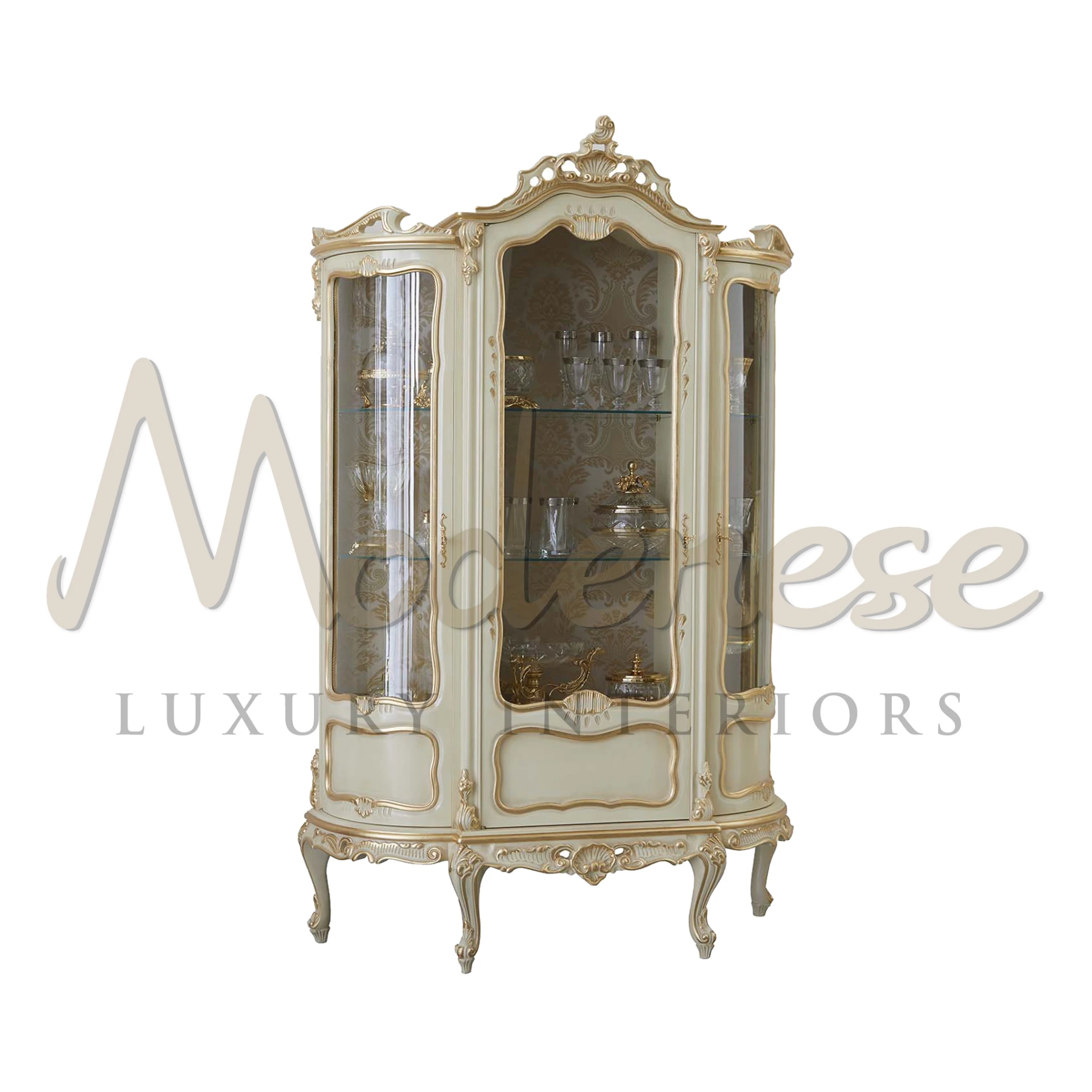 Luxurious Italian Walnut 3-doors glass cabinet with gold detailing and curved legs