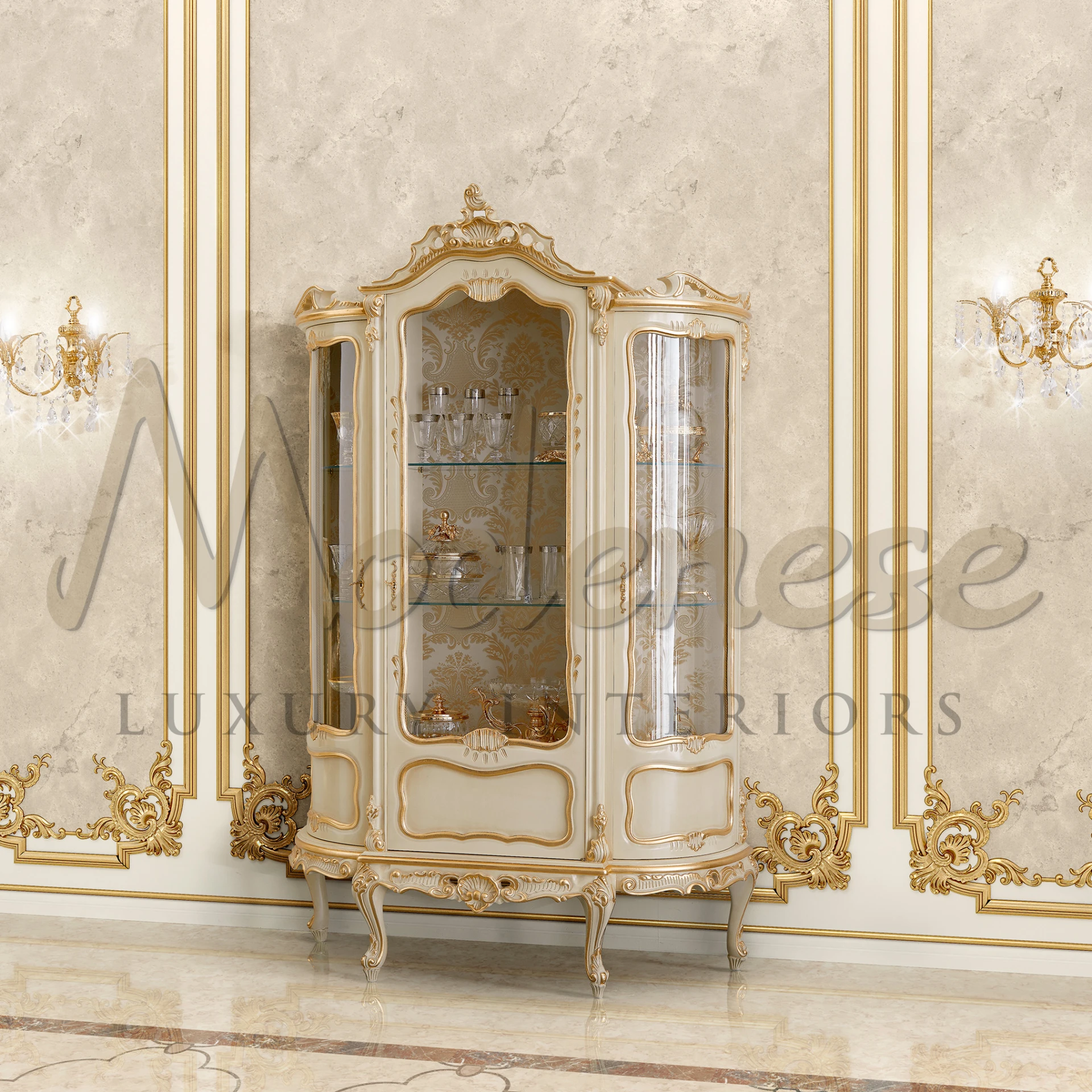 Luxurious walnut design 3-doors glass cabinet against golden decorated wall.