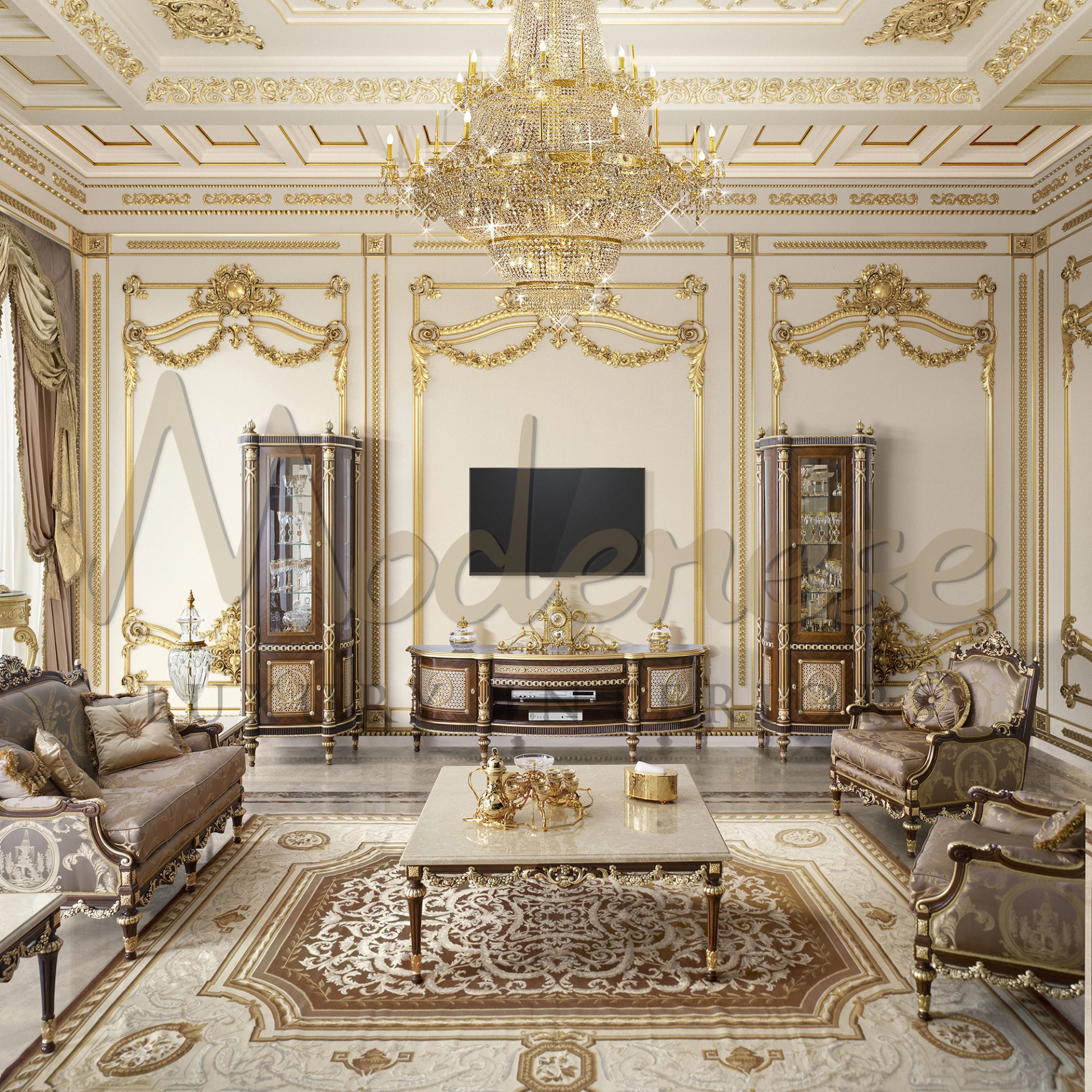 A luxurious grand room with walnut cabinets, luxurious sitting set and golden crystal chandelier