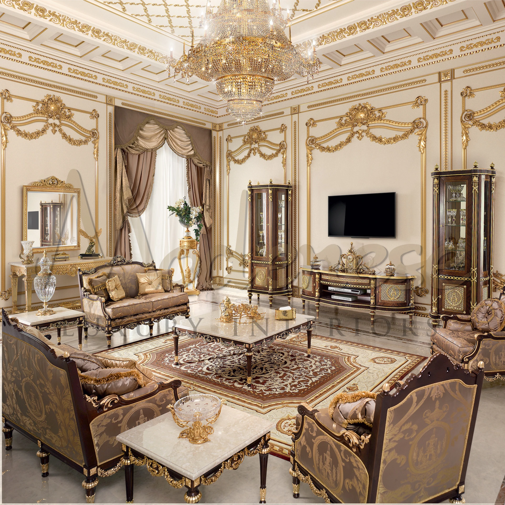 A luxurious room with detailed gold detailing, plush seating, and a lavish rug