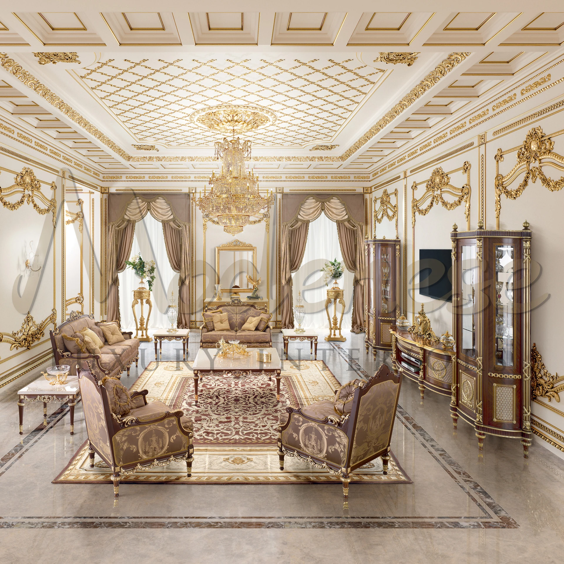 Luxury room with fancy gold sofas, marble flooring, classic walnut cabinet and an elegant hanging light.