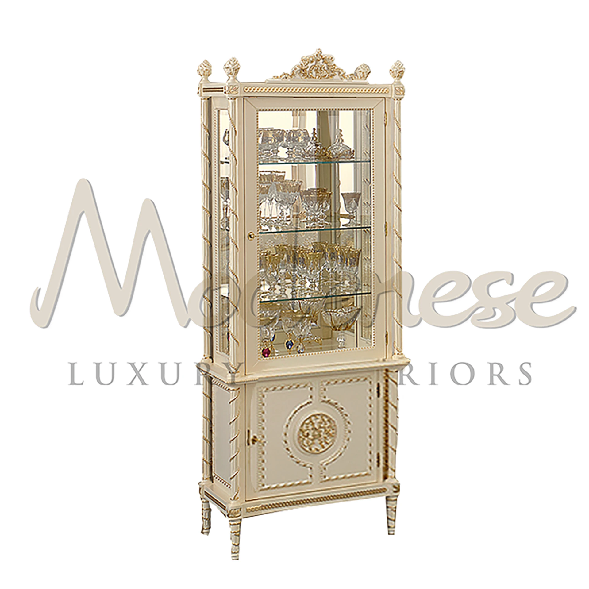 Classic white wooden 1- door cabinet with intricate gold detailing