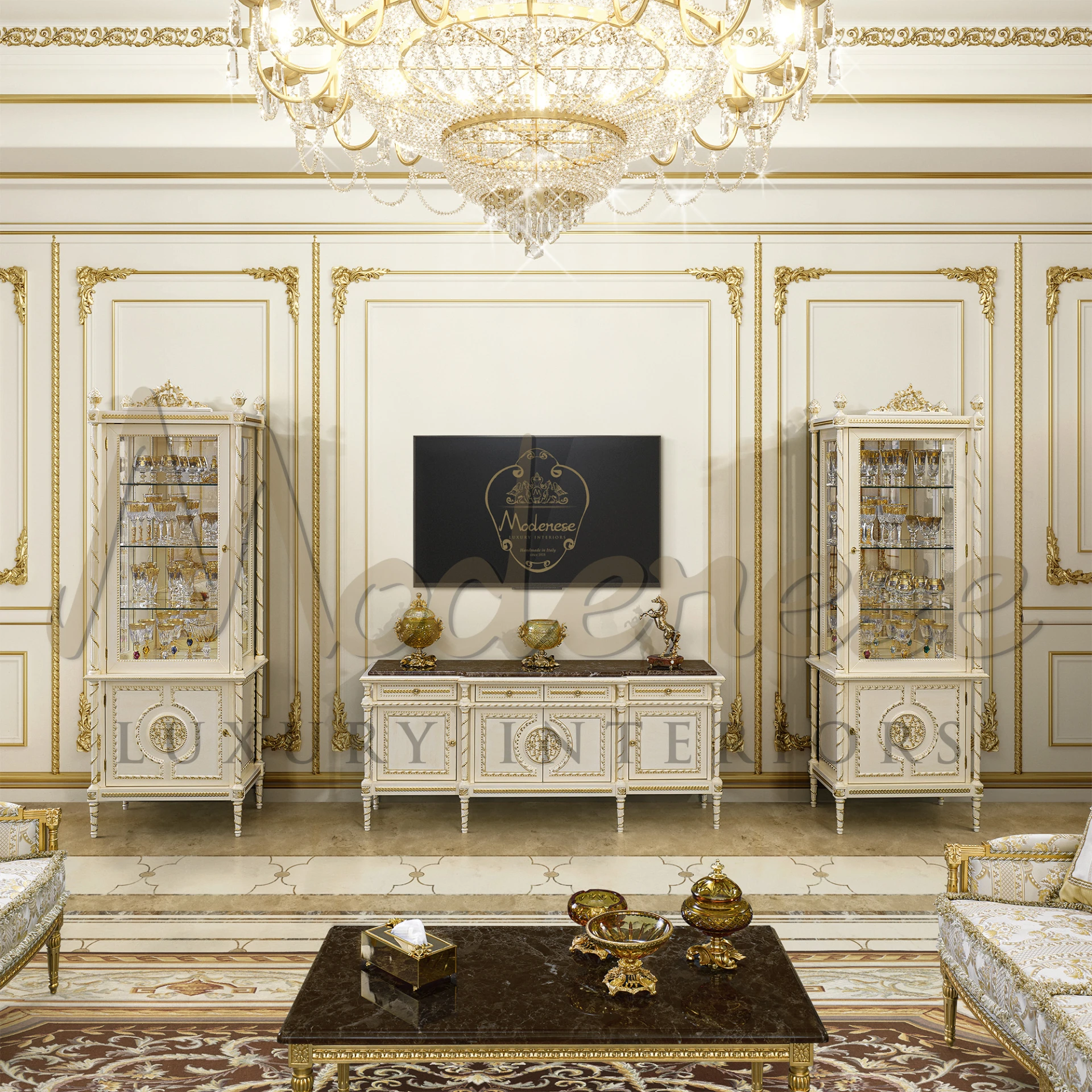 An interior design featuring classic white and golden furniture and complex ceiling art.