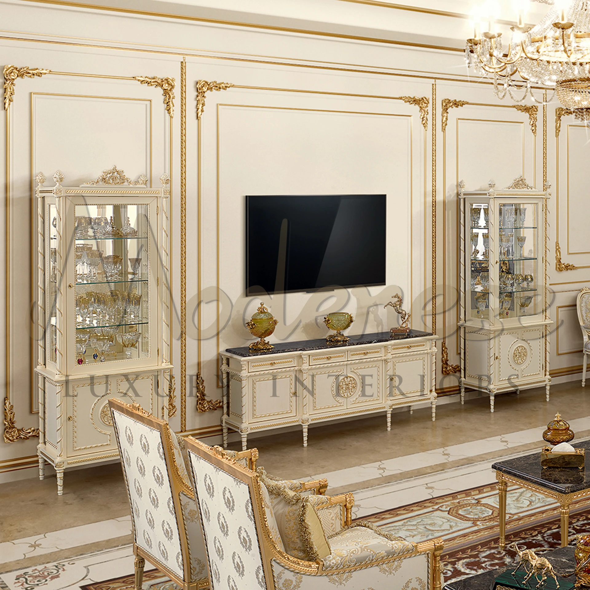 Stylish living room with white and gold furniture, crystal chandelier, and decorative white wooden cabinets