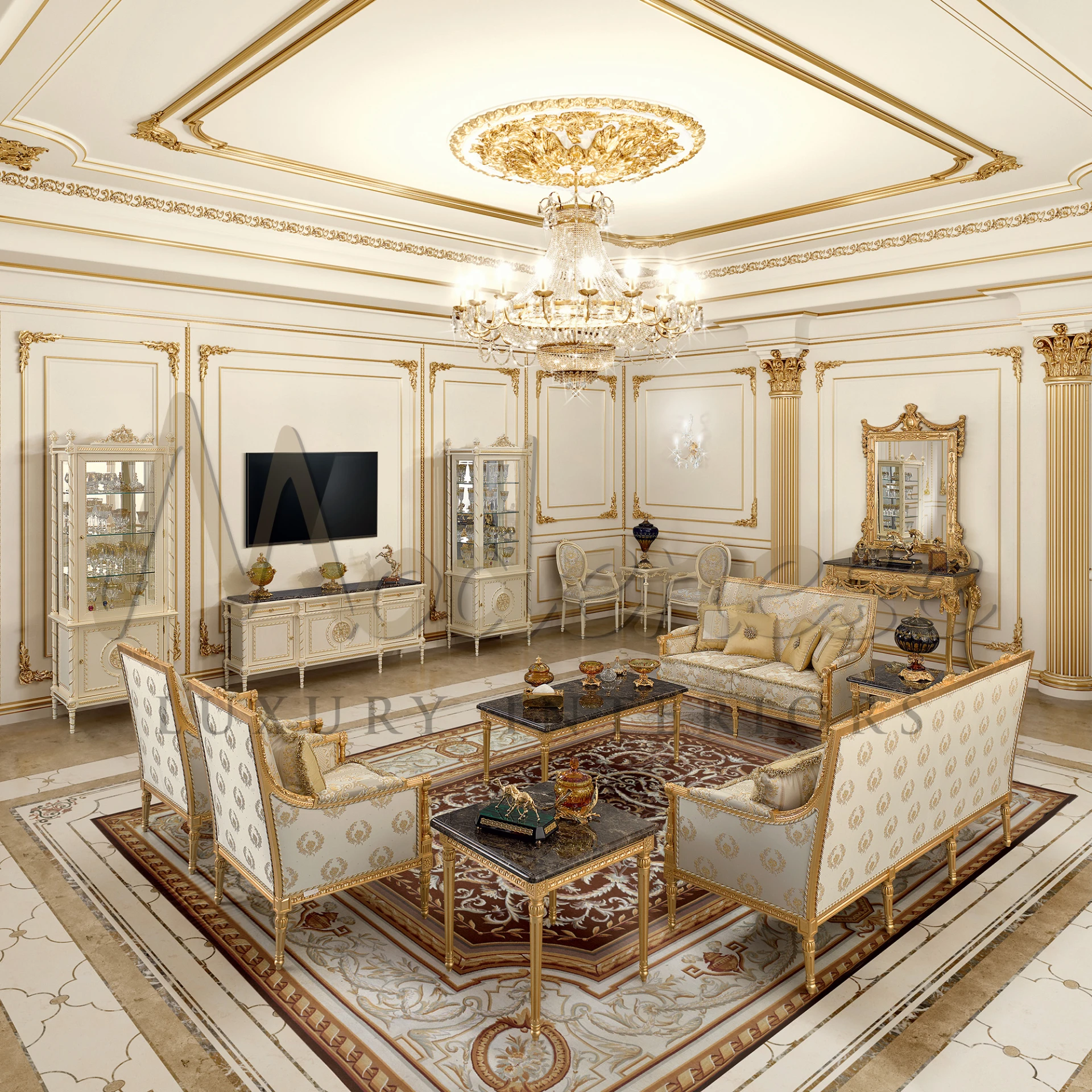 Luxurious room interior with complicated golden wall trims, white and golden cabinets, and a large seating area