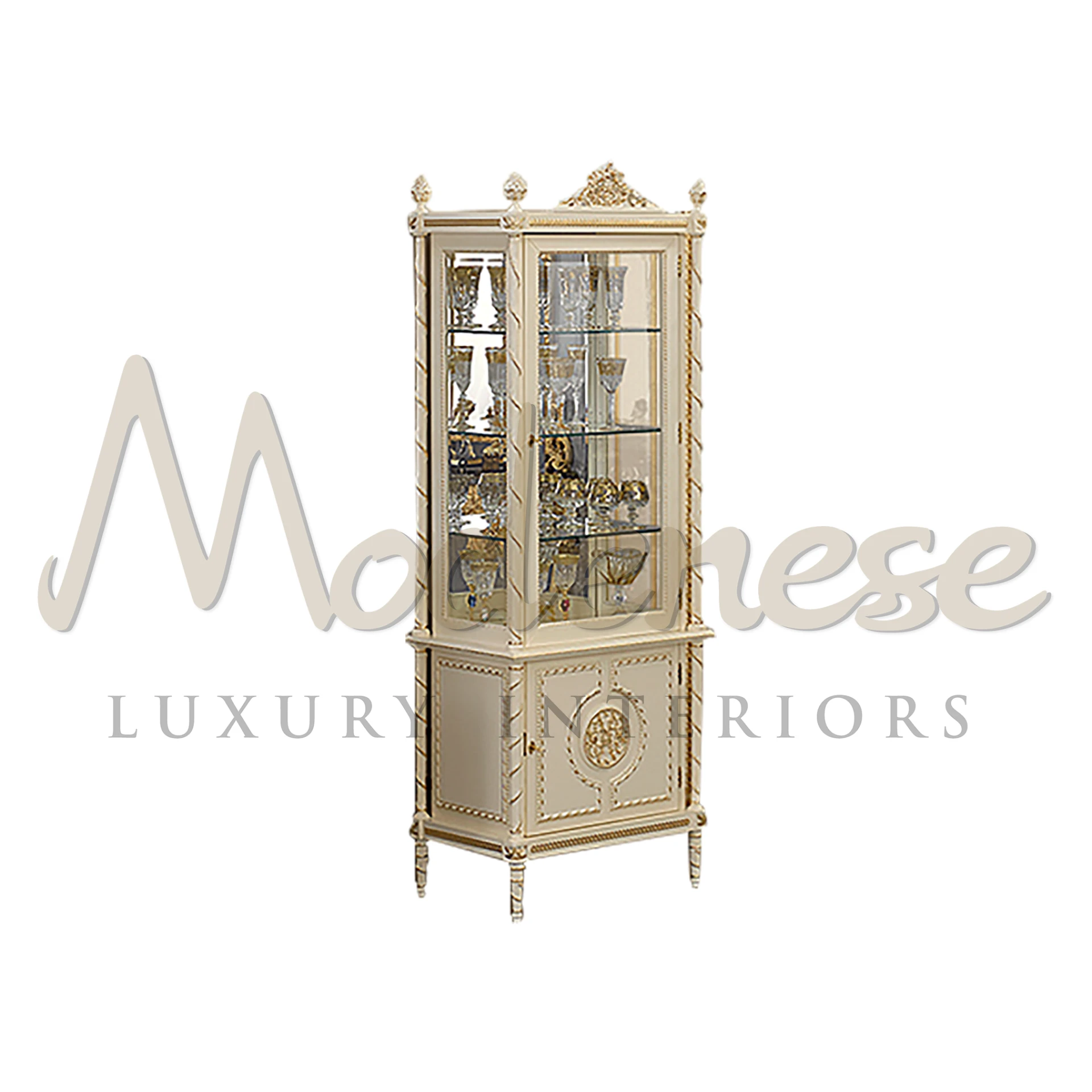 Classic hand made 1-door cabinet with Ivory lacquered finishing and gold leaf details