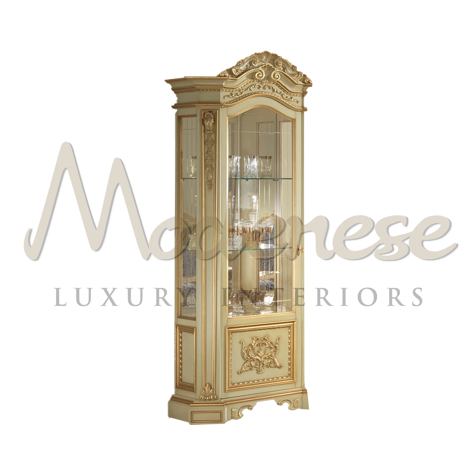 Charming ivory style one door cabinet with glass shelves and detailed trim