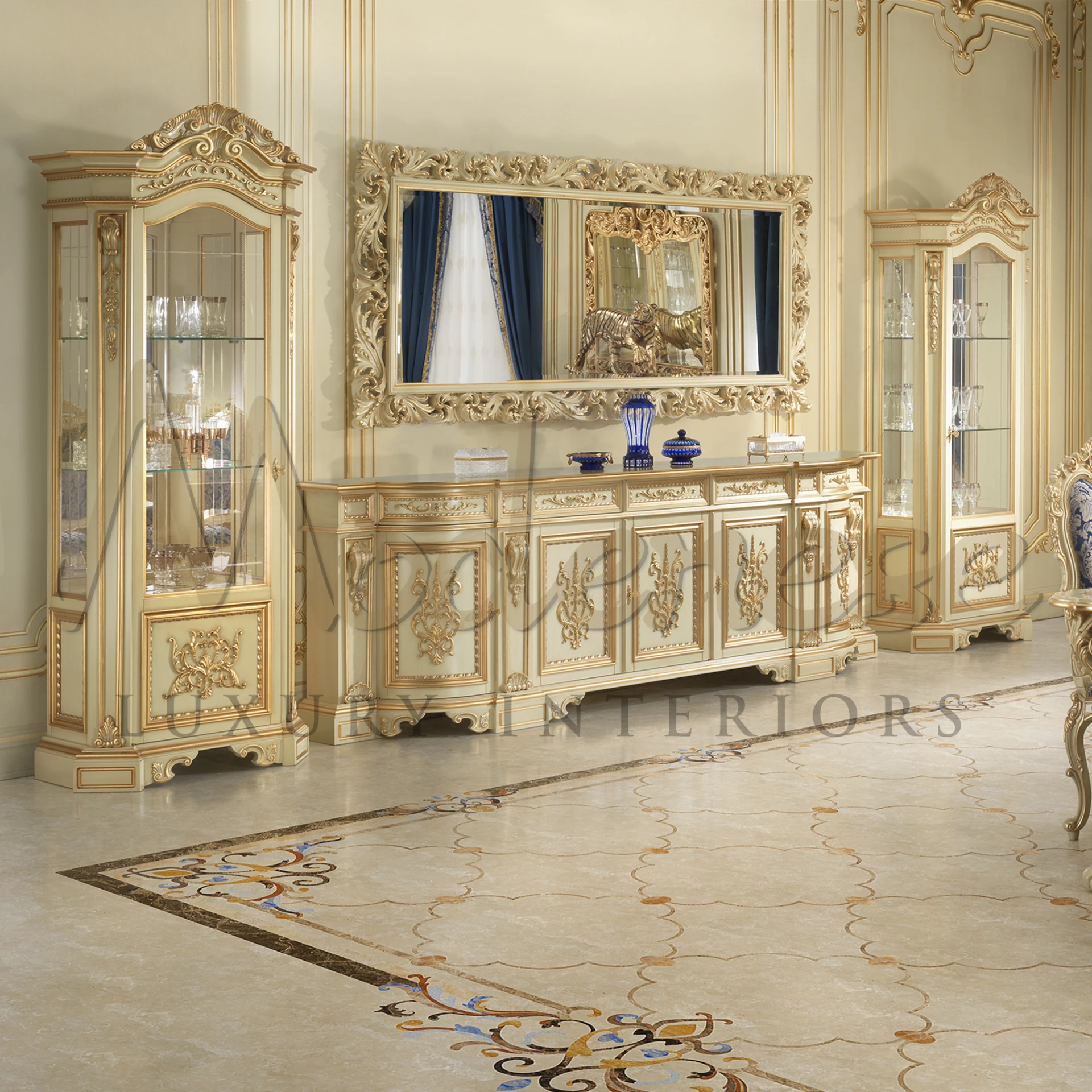 A luxurious room with elegant furniture having complex golden details