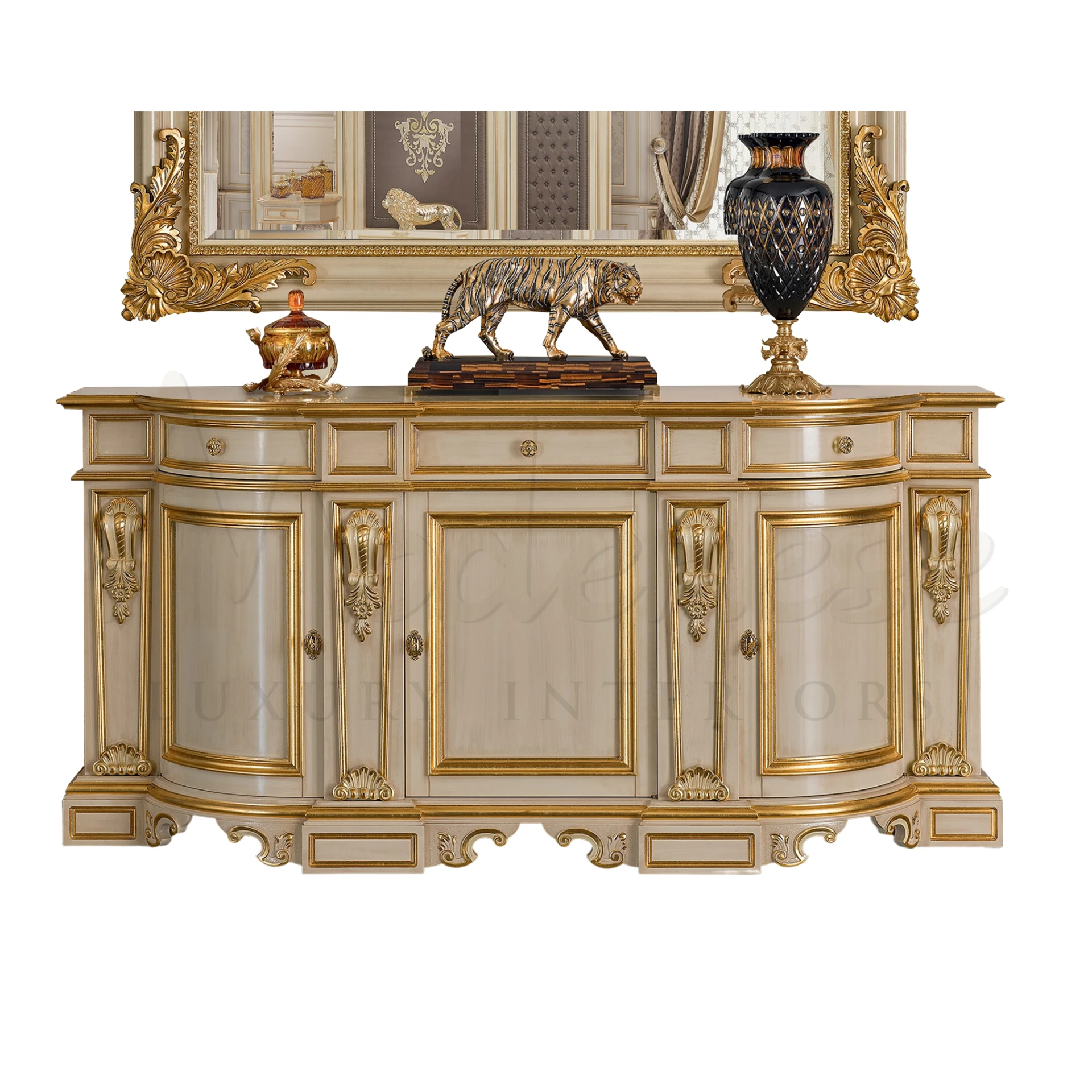 Lovely Italian Classic Wood Sideboard with elegant carvings and golden details.
