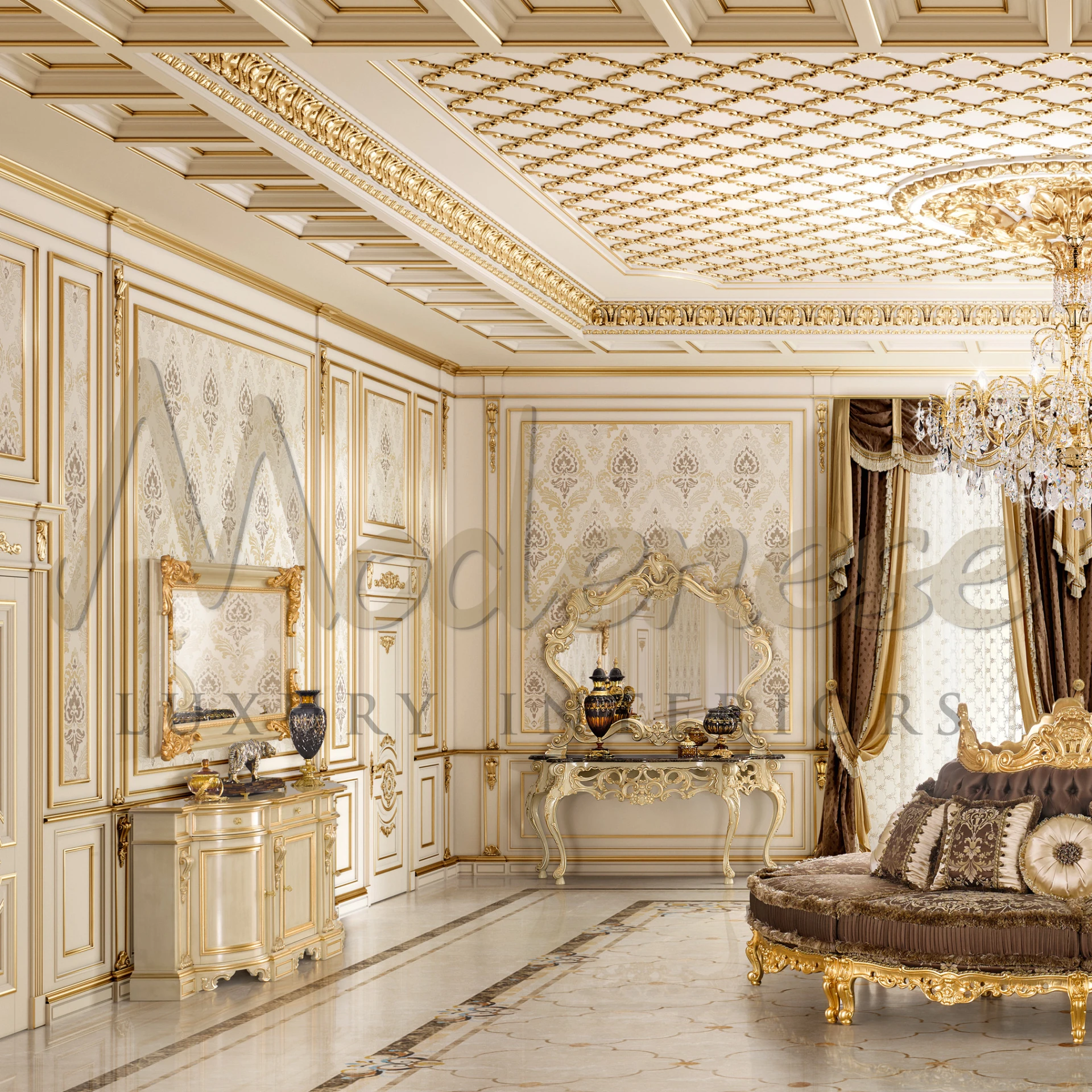 Luxurious Golden Interior room furnished with a golden framed mirror, elegant chandelier, decorative wall design and sideboard.