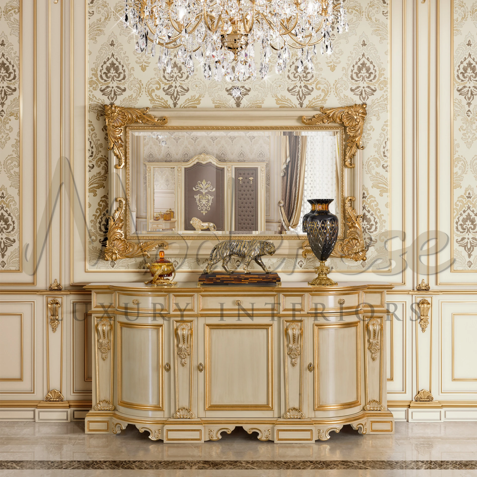 A classic interior design showcasing a mirror frame, intricate wall designs,a lavish chandelier and ivory finishing golden detail sideboard.