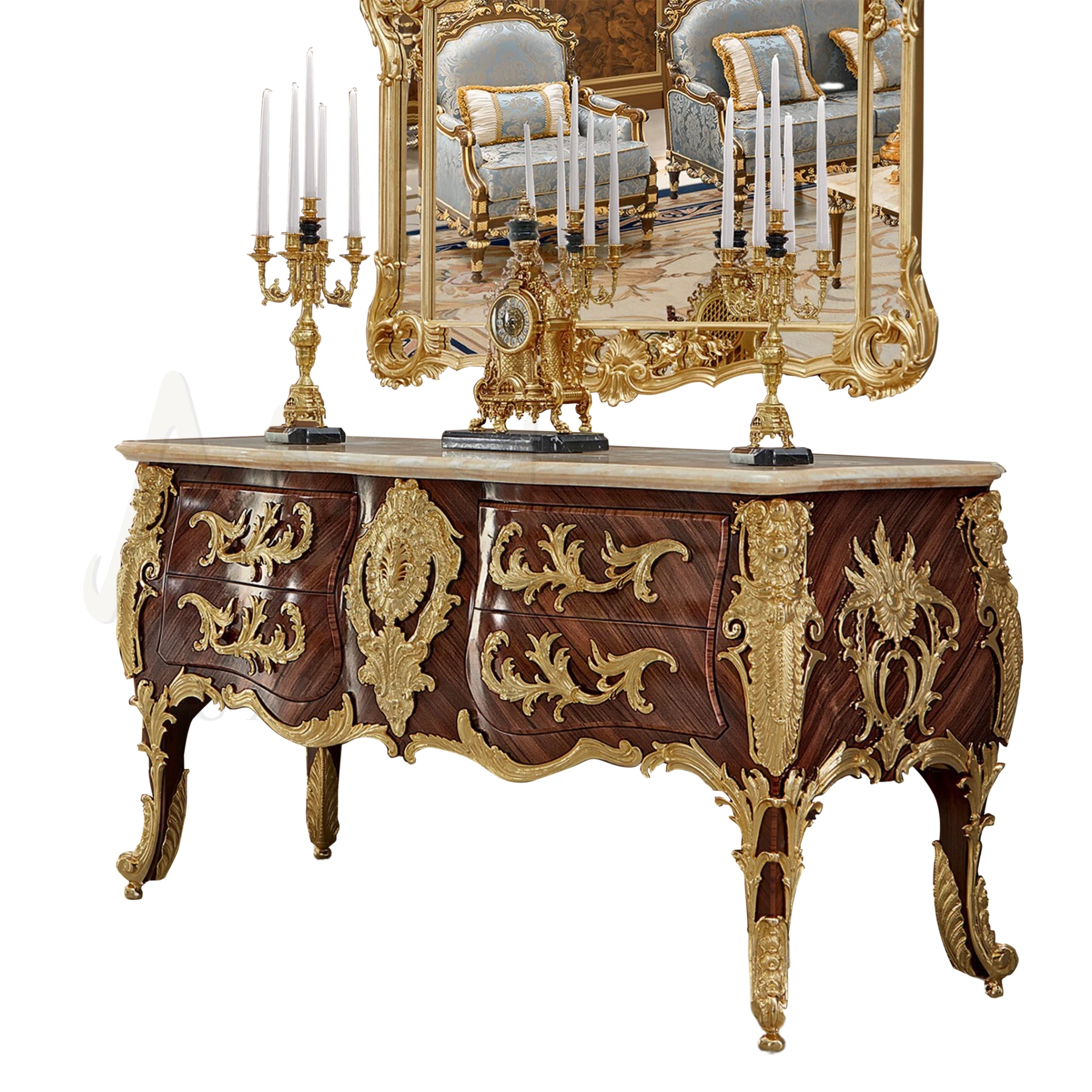 Luxury Imperial 4-drawers sideboard with carved motifs, and gold trim against an elegant backdrop
