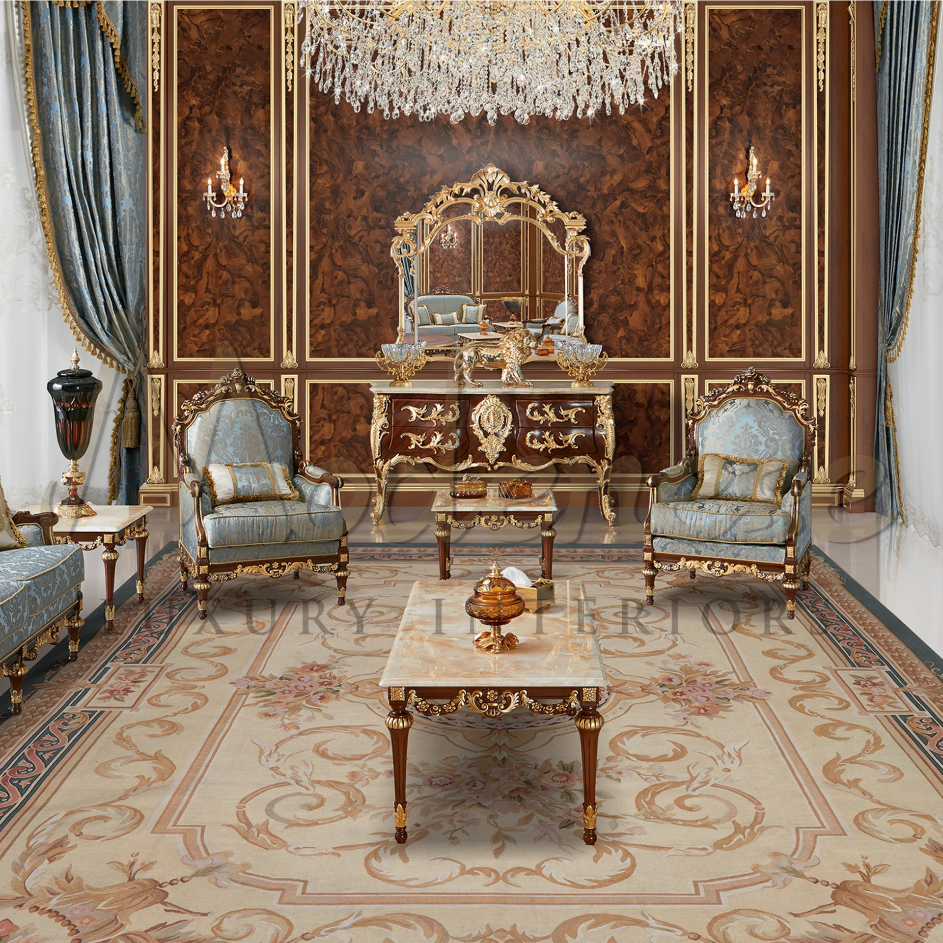 A luxurious room with golden fancy furniture, a grand chandelier, and stylish draperies showcasing luxury.